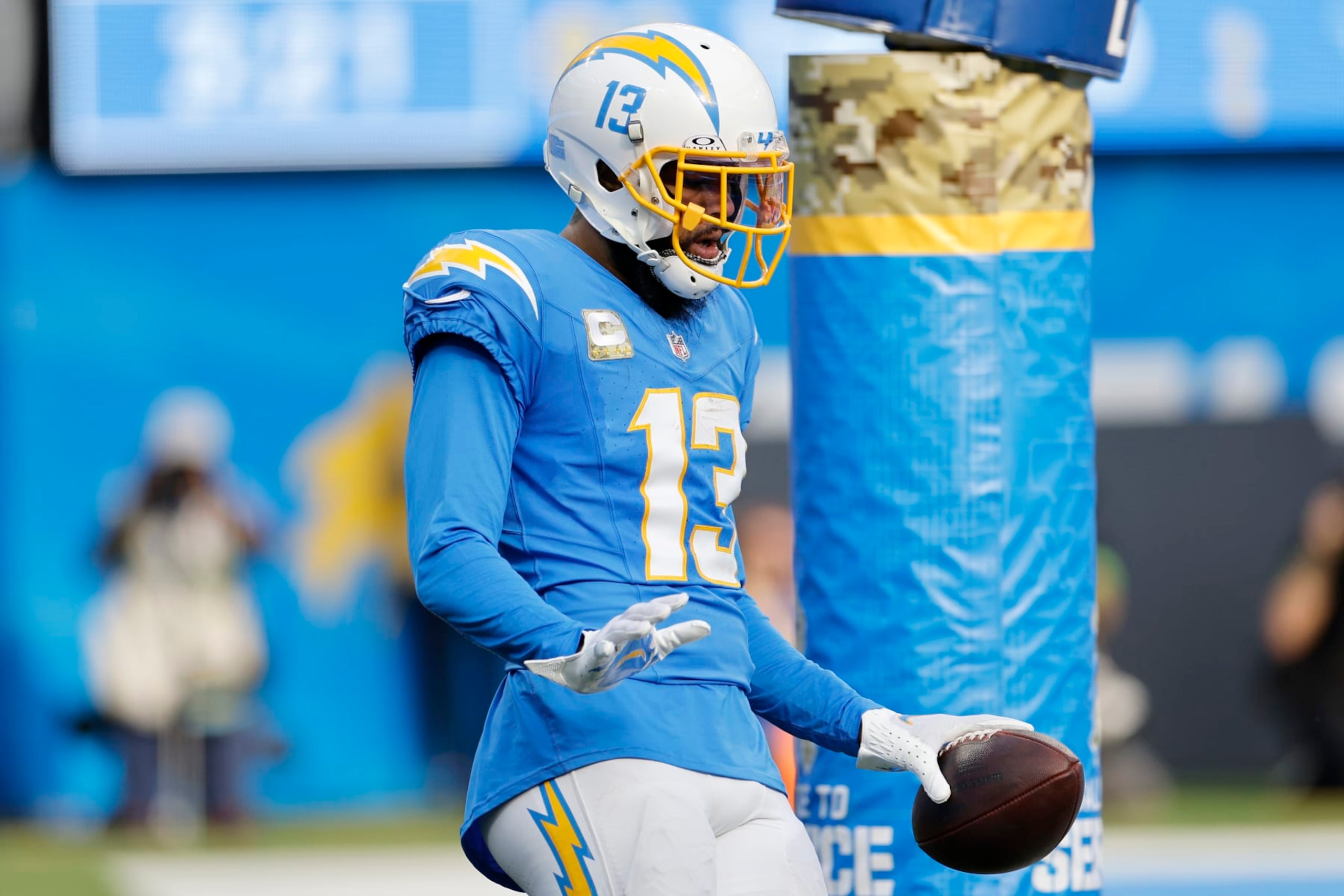INGLEWOOD, CALIFORNIA - NOVEMBER 12: Keenan Allen #13 of the Los Angeles Chargers celebrates after a touchdown catch during the second quarter against the Detroit Lions at SoFi Stadium on November 12, 2023 in Inglewood, California. (Photo by Kevork Djansezian/Getty Images) INGLEWOOD, CALIFORNIA - NOVEMBER 12: Keenan Allen #13 of the Los Angeles Chargers celebrates after a touchdown catch during the second quarter against the Detroit Lions at SoFi Stadium on November 12, 2023 in Inglewood, California. (Photo by Kevork Djansezian/Getty Images)
