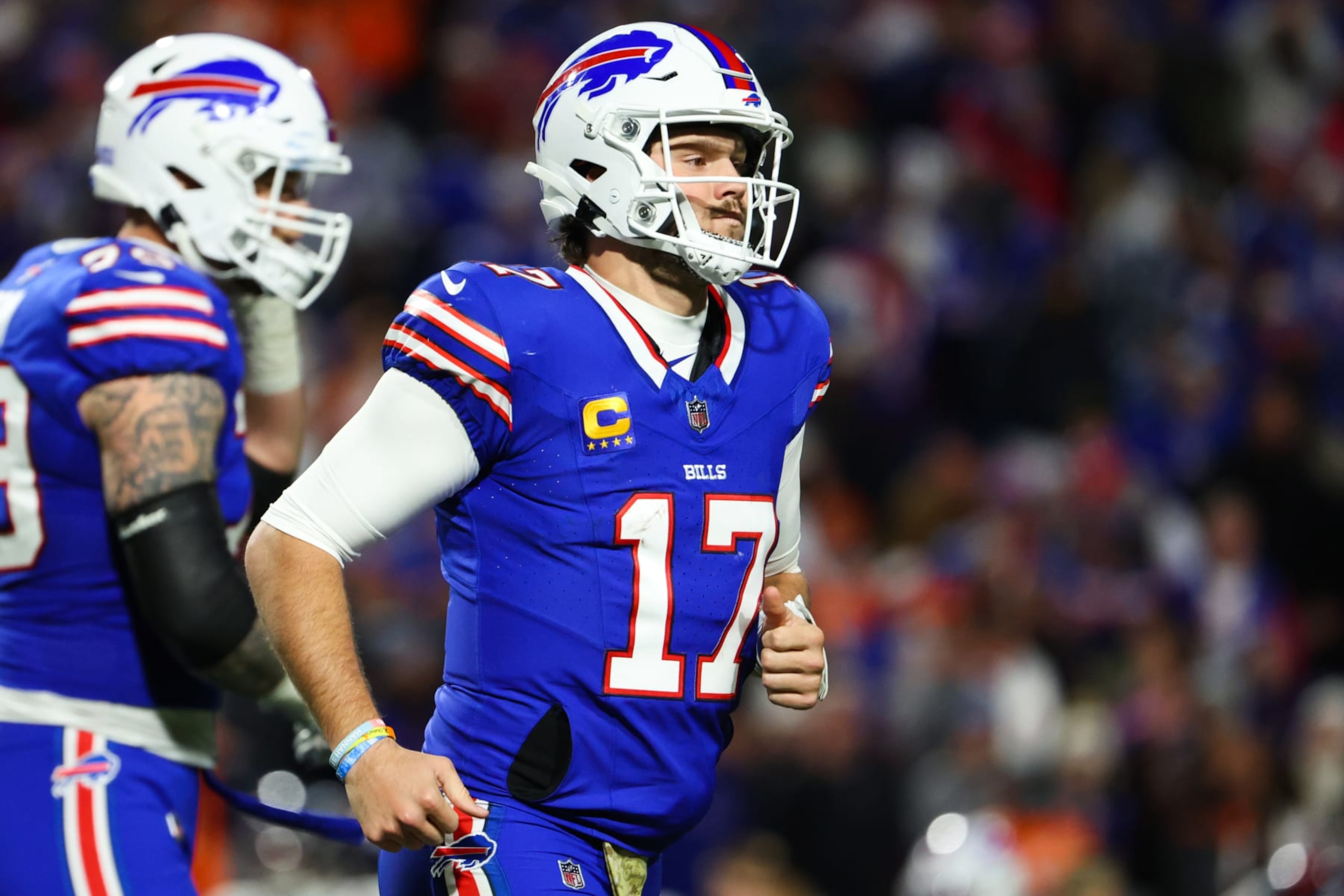 ORCHARD PARK, NEW YORK - NOVEMBER 13: Josh Allen #17 of the Buffalo Bills reacts after throwing an interception against the Denver Broncos during the second quarter of the game at Highmark Stadium on November 13, 2023 in Orchard Park, New York. (Photo by Timothy T Ludwig/Getty Images)