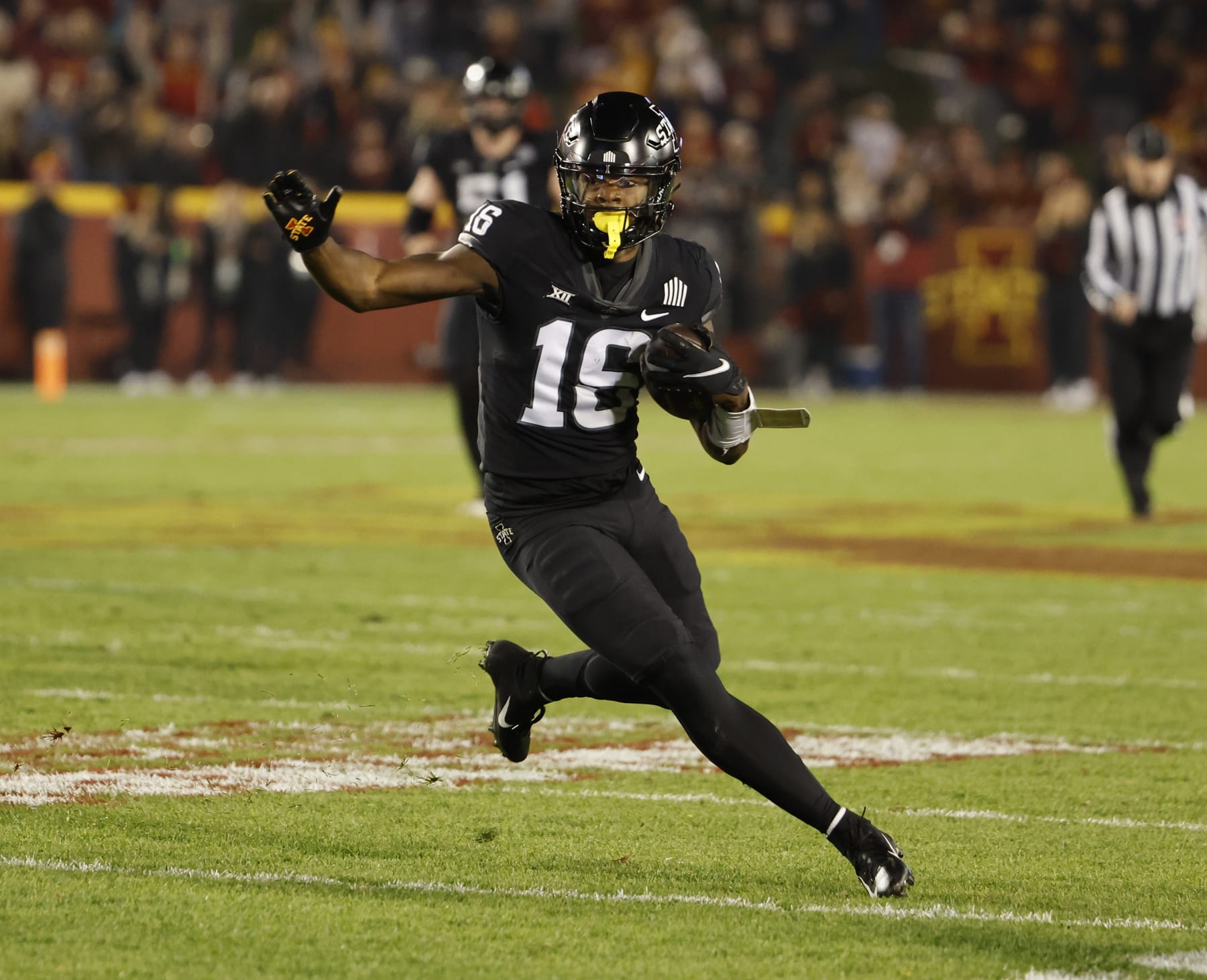 AMES, IA - NOVEMBER 4: Wide receiver Daniel Jackson #16 of the Iowa State Cyclones rushed for yards in the second half of play at Jack Trice Stadium on November 4, 2023 in Ames, Iowa. The Kansas Jayhawks won 28-21 over the Iowa State Cyclones. (Photo by David K Purdy/Getty Images)
