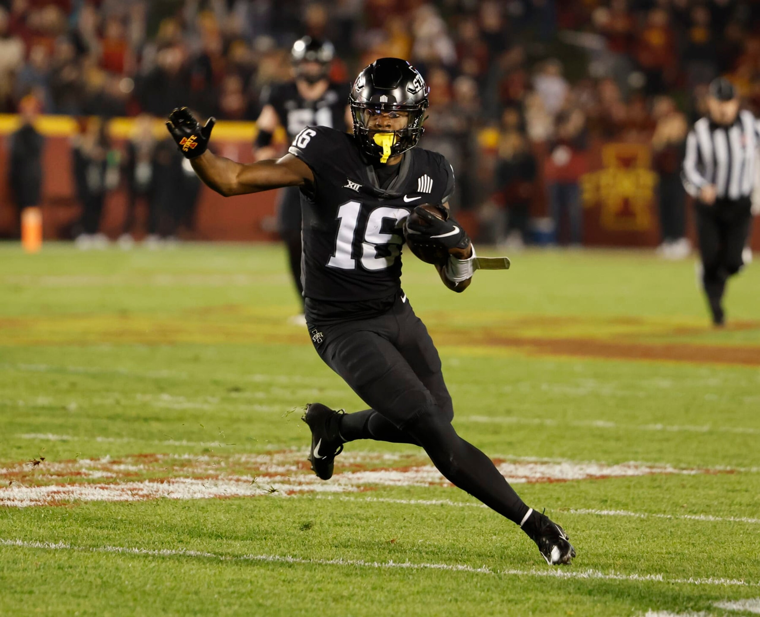 AMES, IA - NOVEMBER 4: Wide receiver Daniel Jackson #16 of the Iowa State Cyclones rushed for yards in the second half of play at Jack Trice Stadium on November 4, 2023 in Ames, Iowa. The Kansas Jayhawks won 28-21 over the Iowa State Cyclones. (Photo by David K Purdy/Getty Images) AMES, IA - NOVEMBER 4: Wide receiver Daniel Jackson #16 of the Iowa State Cyclones rushed for yards in the second half of play at Jack Trice Stadium on November 4, 2023 in Ames, Iowa. The Kansas Jayhawks won 28-21 over the Iowa State Cyclones. (Photo by David K Purdy/Getty Images)