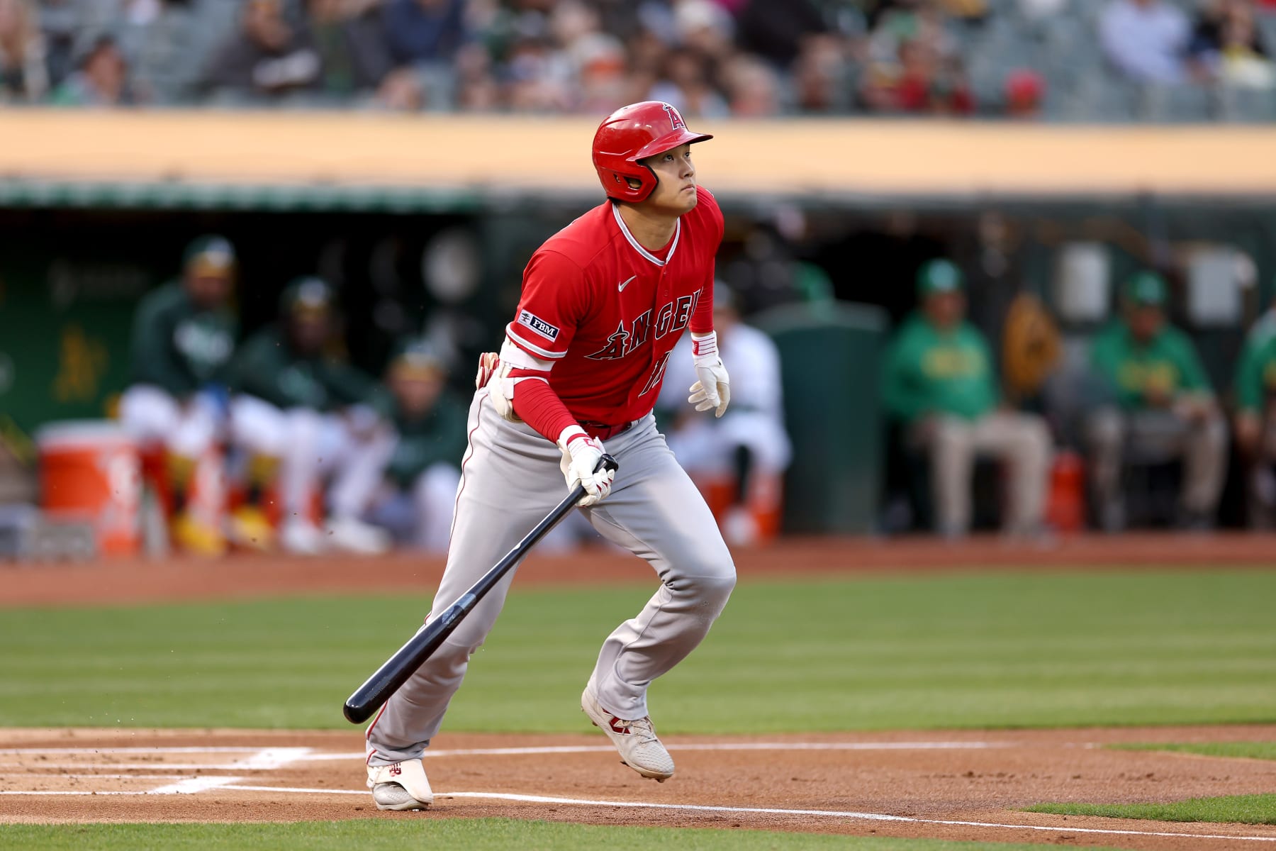 OAKLAND, CALIFORNIA - SEPTEMBER 01: Shohei Ohtani #17 of the Los Angeles Angels grounds out to first base against the Oakland Athletics in the first inning at RingCentral Coliseum on September 01, 2023 in Oakland, California. (Photo by Ezra Shaw/Getty Images)