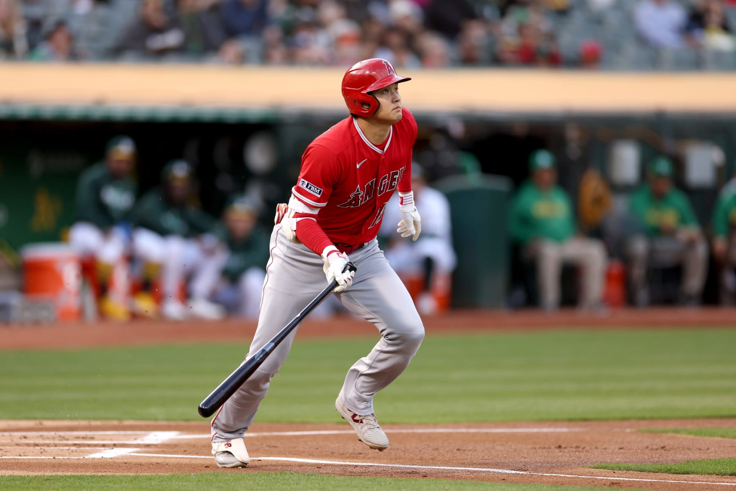 OAKLAND, CALIFORNIA - SEPTEMBER 01: Shohei Ohtani #17 of the Los Angeles Angels grounds out to first base against the Oakland Athletics in the first inning at RingCentral Coliseum on September 01, 2023 in Oakland, California. (Photo by Ezra Shaw/Getty Images)