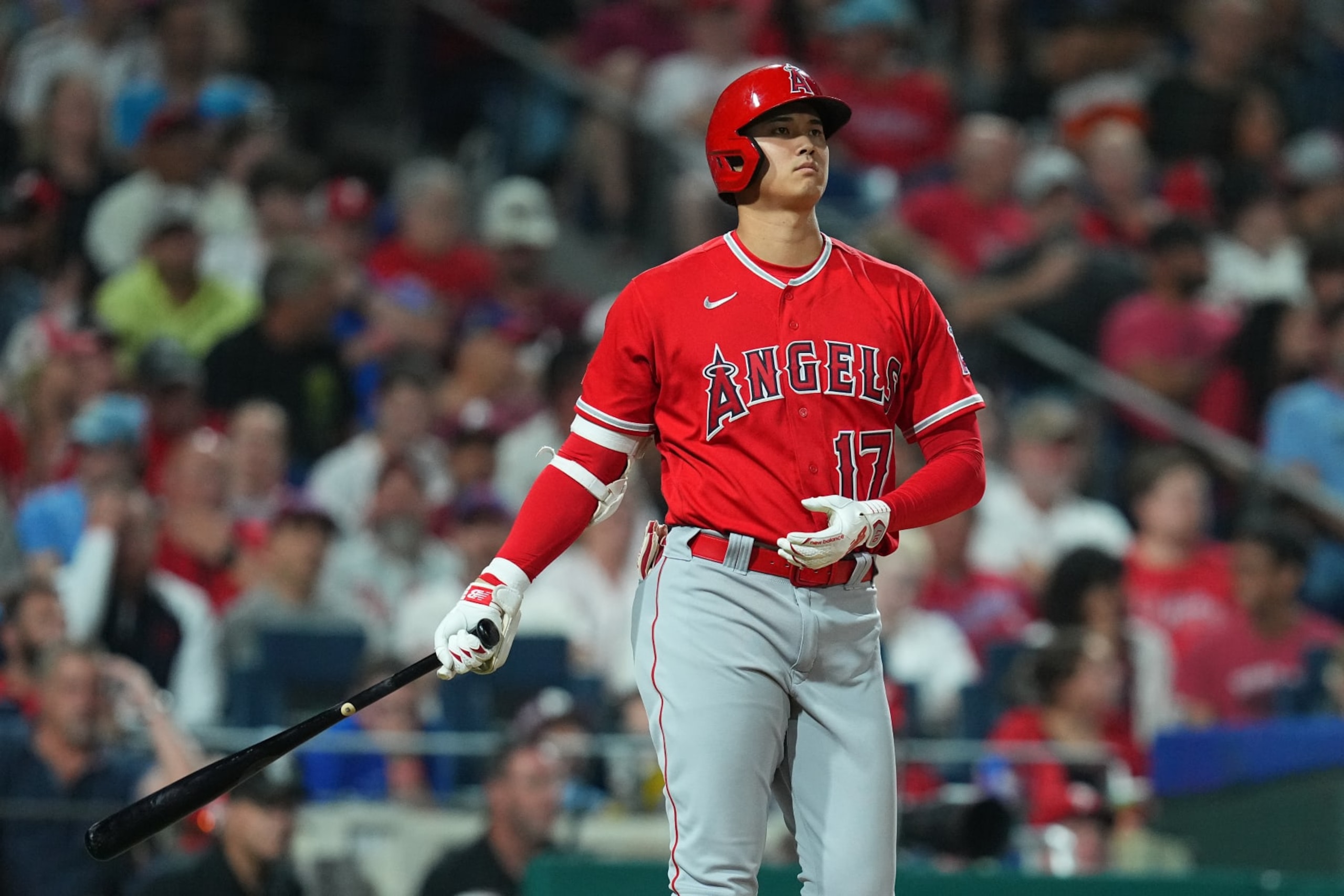 PHILADELPHIA, PENNSYLVANIA - AUGUST 28: Shohei Ohtani #17 of the Los Angeles Angels looks on against the Philadelphia Phillies at Citizens Bank Park on August 28, 2023 in Philadelphia, Pennsylvania. (Photo by Mitchell Leff/Getty Images)
