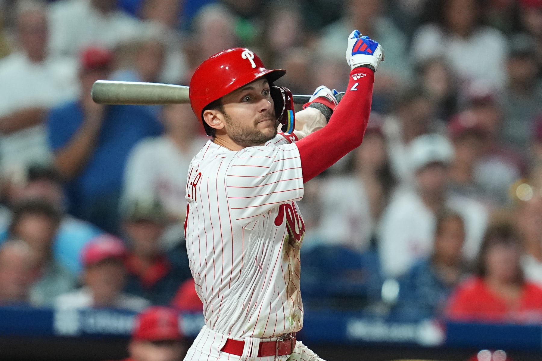 PHILADELPHIA, PENNSYLVANIA - AUGUST 28: Trea Turner #7 of the Philadelphia Phillies bats against the Los Angeles Angels at Citizens Bank Park on August 28, 2023 in Philadelphia, Pennsylvania. (Photo by Mitchell Leff/Getty Images)
