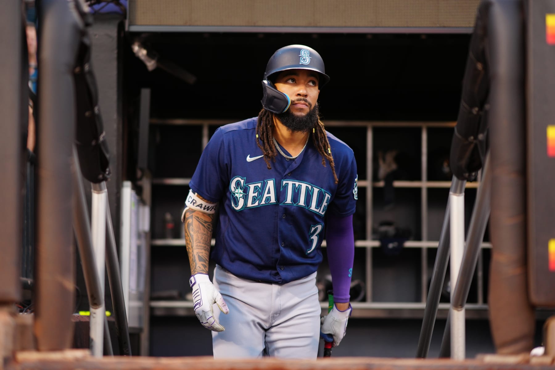 NEW YORK, NY - SEPTEMBER 02: J.P. Crawford #3 of the Seattle Mariners looks on prior to the game between the Seattle Mariners and the New York Mets at Citi Field on Saturday, September 2, 2023 in New York, New York. (Photo by Daniel Shirey/MLB Photos via Getty Images)