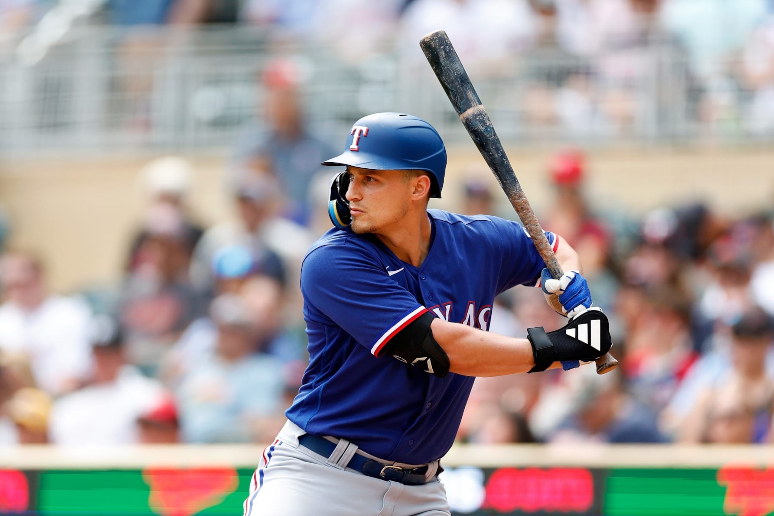 MINNEAPOLIS, MINNESOTA - AUGUST 27: Corey Seager #5 of the Texas Rangers takes an at-bat against the Minnesota Twins in the first inning at Target Field on August 27, 2023 in Minneapolis, Minnesota. The Twins defeated the Rangers 7-6 in 13 innings. (Photo by David Berding/Getty Images)