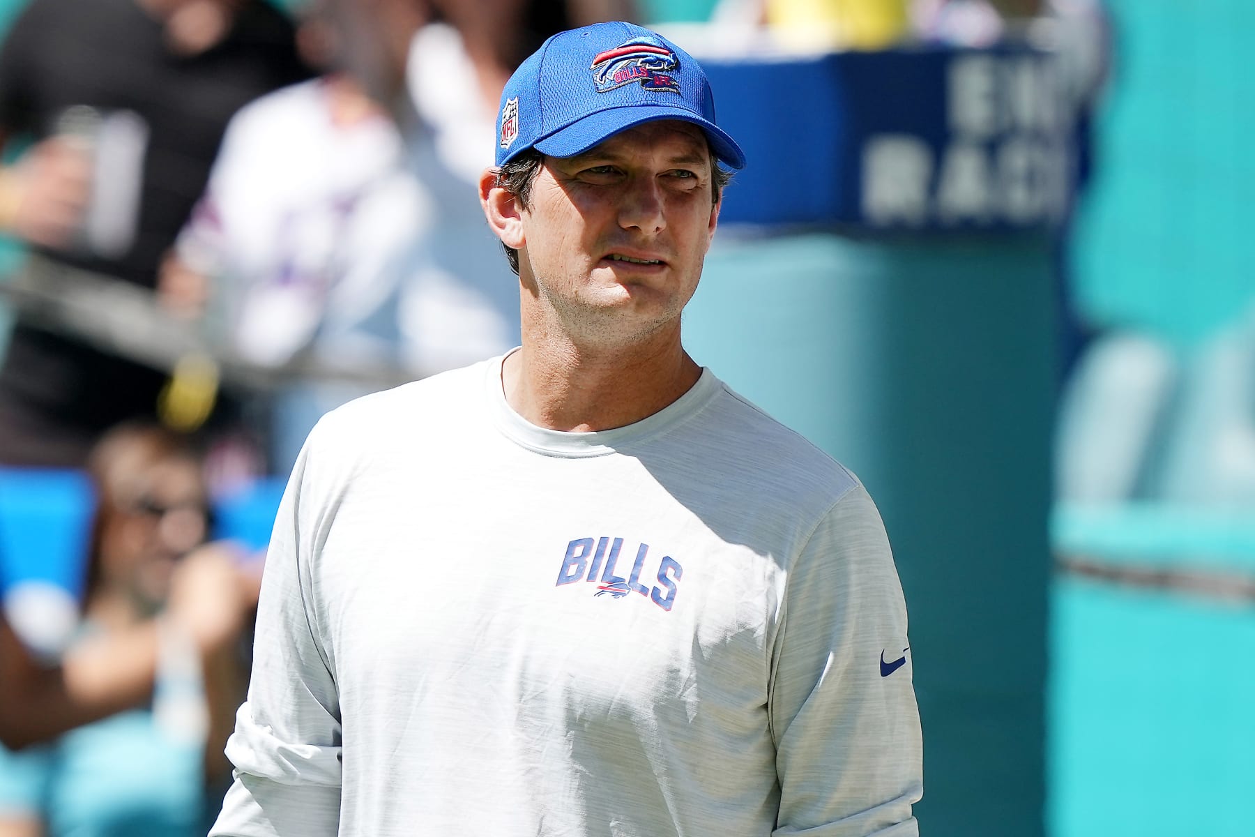 MIAMI GARDENS, FLORIDA - SEPTEMBER 25: Buffalo Bills offensive coordinator Ken Dorsey looks on during warm ups before the game against the Miami Dolphins at Hard Rock Stadium on September 25, 2022 in Miami Gardens, Florida. (Photo by Eric Espada/Getty Images)