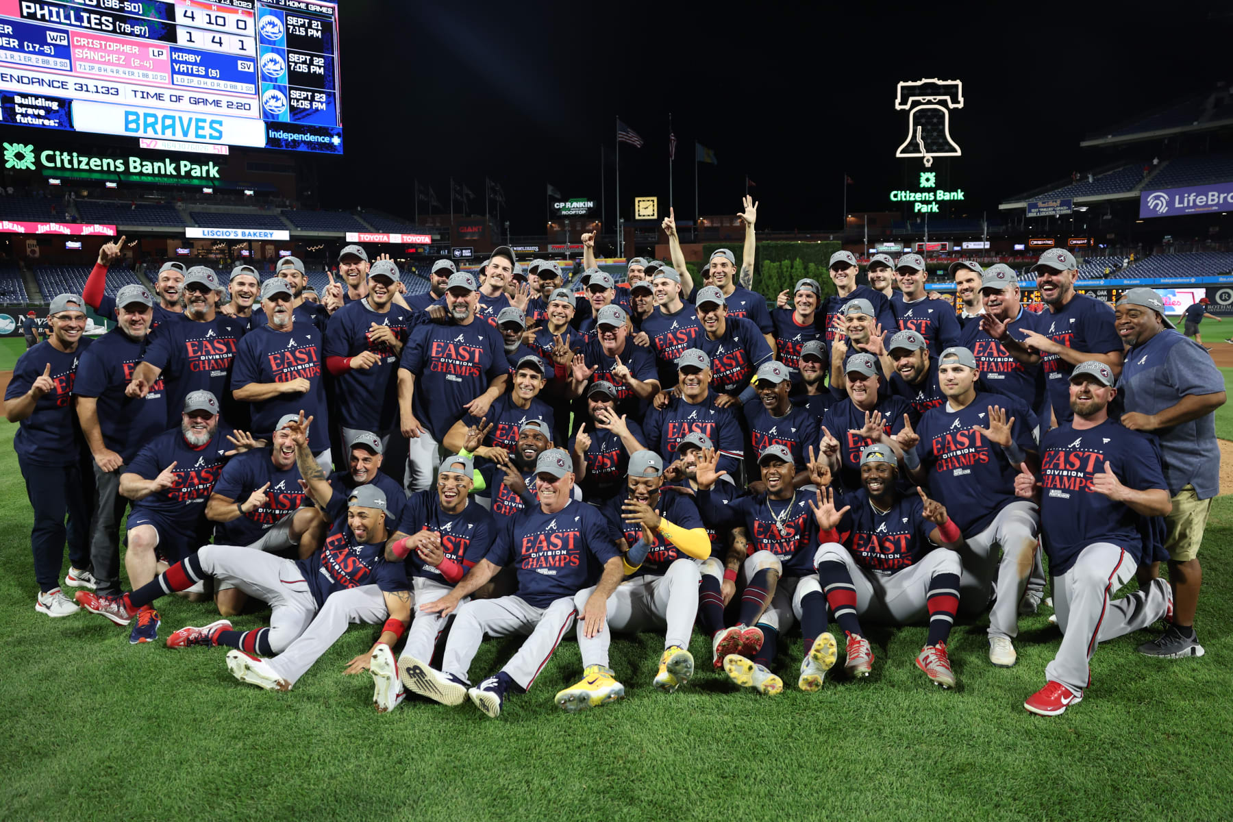 PHILADELPHIA, PENNSYLVANIA - SEPTEMBER 13: The Atlanta Braves pose for a team photo after defeating the Philadelphia Phillies to clinch the NL East at Citizens Bank Park on September 13, 2023 in Philadelphia, Pennsylvania. (Photo by Tim Nwachukwu/Getty Images)