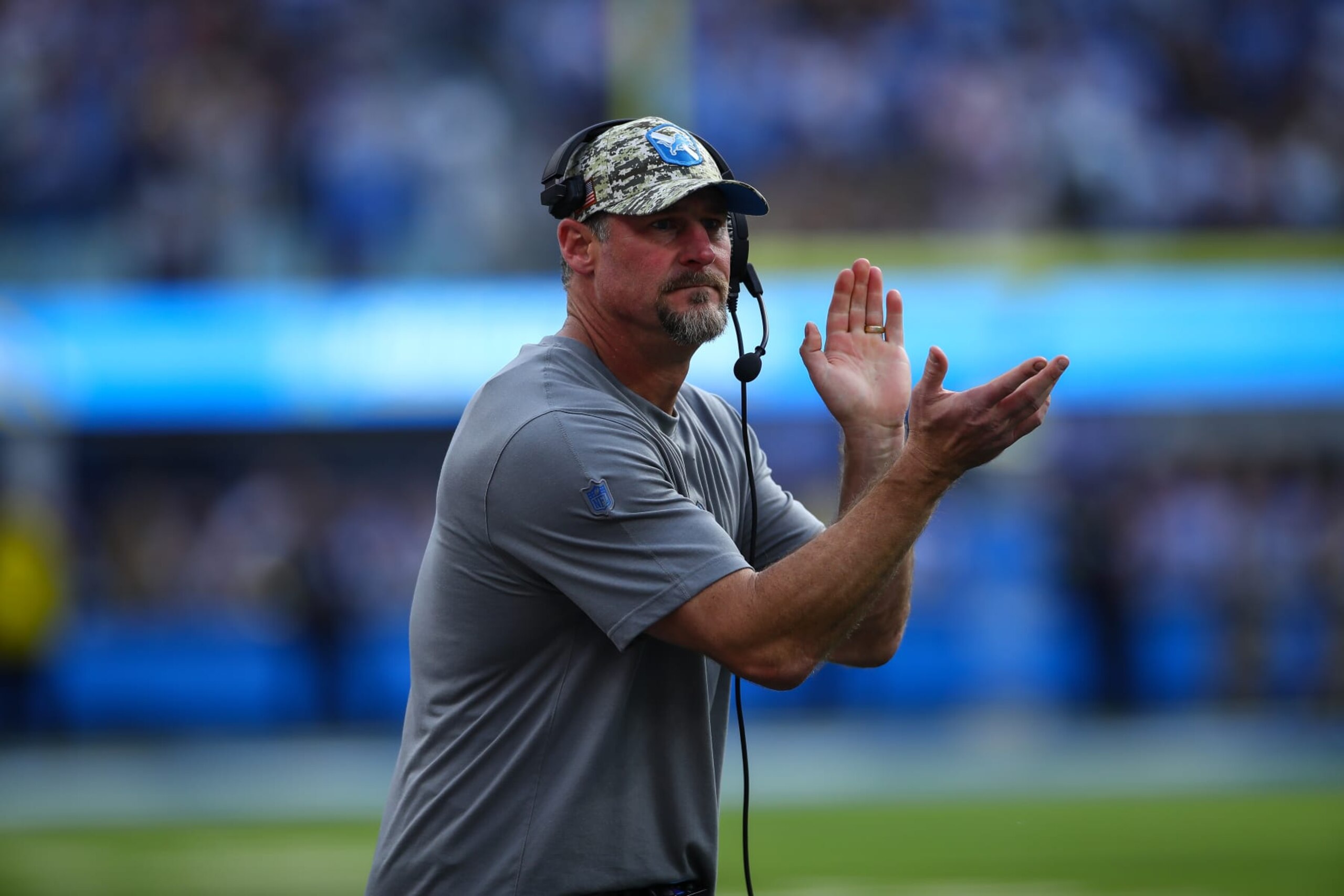 INGLEWOOD, CA - NOVEMBER 12: Detroit Lions Dan Campbell claps during the NFL game between the Detroit Lions and the Los Angeles Chargers on November 12, 2023, at SoFi Stadium in Inglewood, CA. (Photo by Jevone Moore/Icon Sportswire via Getty Images) INGLEWOOD, CA - NOVEMBER 12: Detroit Lions Dan Campbell claps during the NFL game between the Detroit Lions and the Los Angeles Chargers on November 12, 2023, at SoFi Stadium in Inglewood, CA. (Photo by Jevone Moore/Icon Sportswire via Getty Images)