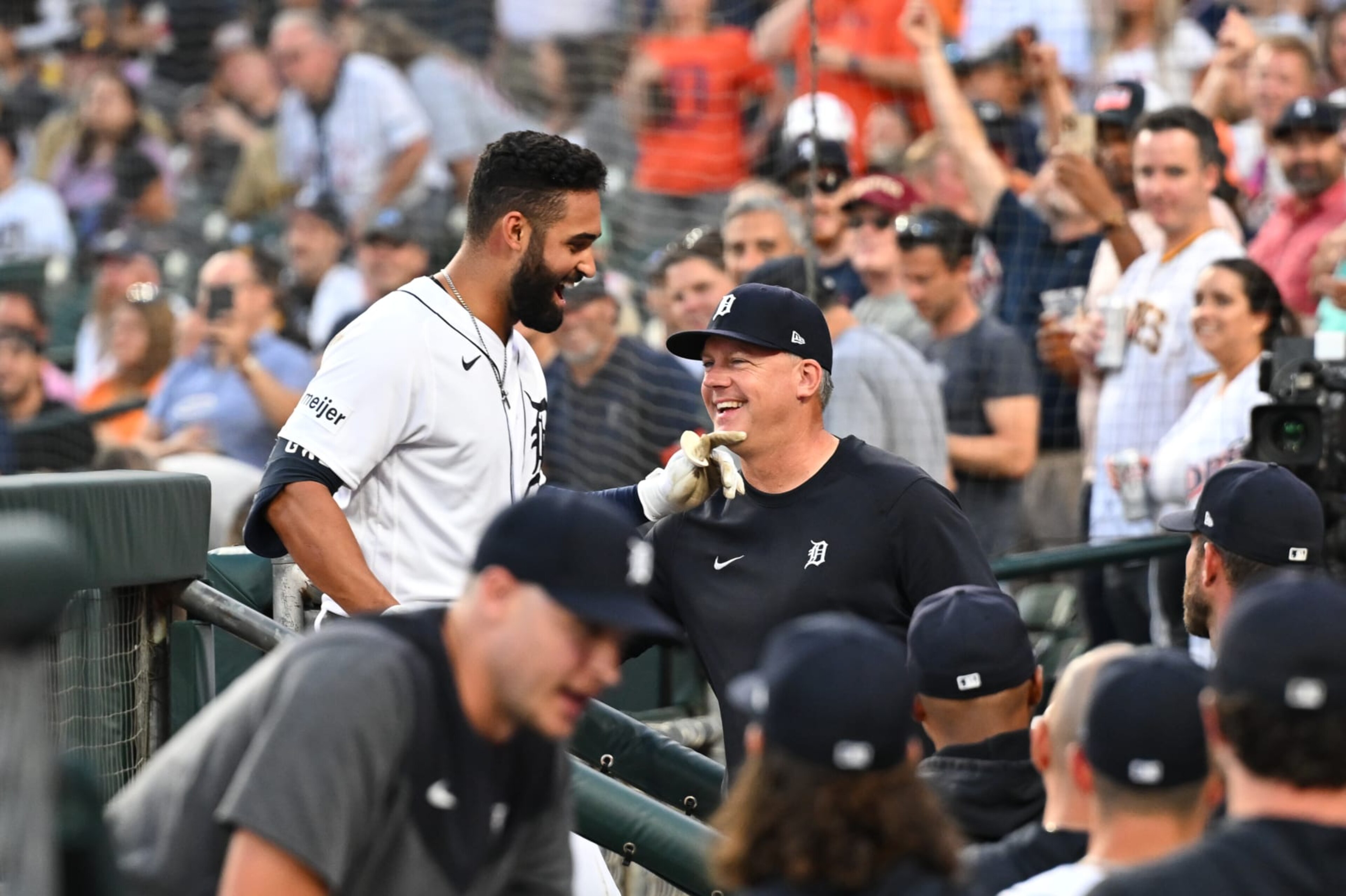 DETROIT, MI - JULY 21: Detroit Tigers center fielder Riley Greene (31) is congratulated by Detroit Tigers manager A.J. Hinch (14) following his two run homer in the bottom of the seventh inning during the Detroit Tigers versus the San Diego Padres game on Saturday July 21, 2023 at Comerica Park in Detroit, MI. (Photo by Steven King/Icon Sportswire via Getty Images) DETROIT, MI - JULY 21: Detroit Tigers center fielder Riley Greene (31) is congratulated by Detroit Tigers manager A.J. Hinch (14) following his two run homer in the bottom of the seventh inning during the Detroit Tigers versus the San Diego Padres game on Saturday July 21, 2023 at Comerica Park in Detroit, MI. (Photo by Steven King/Icon Sportswire via Getty Images)