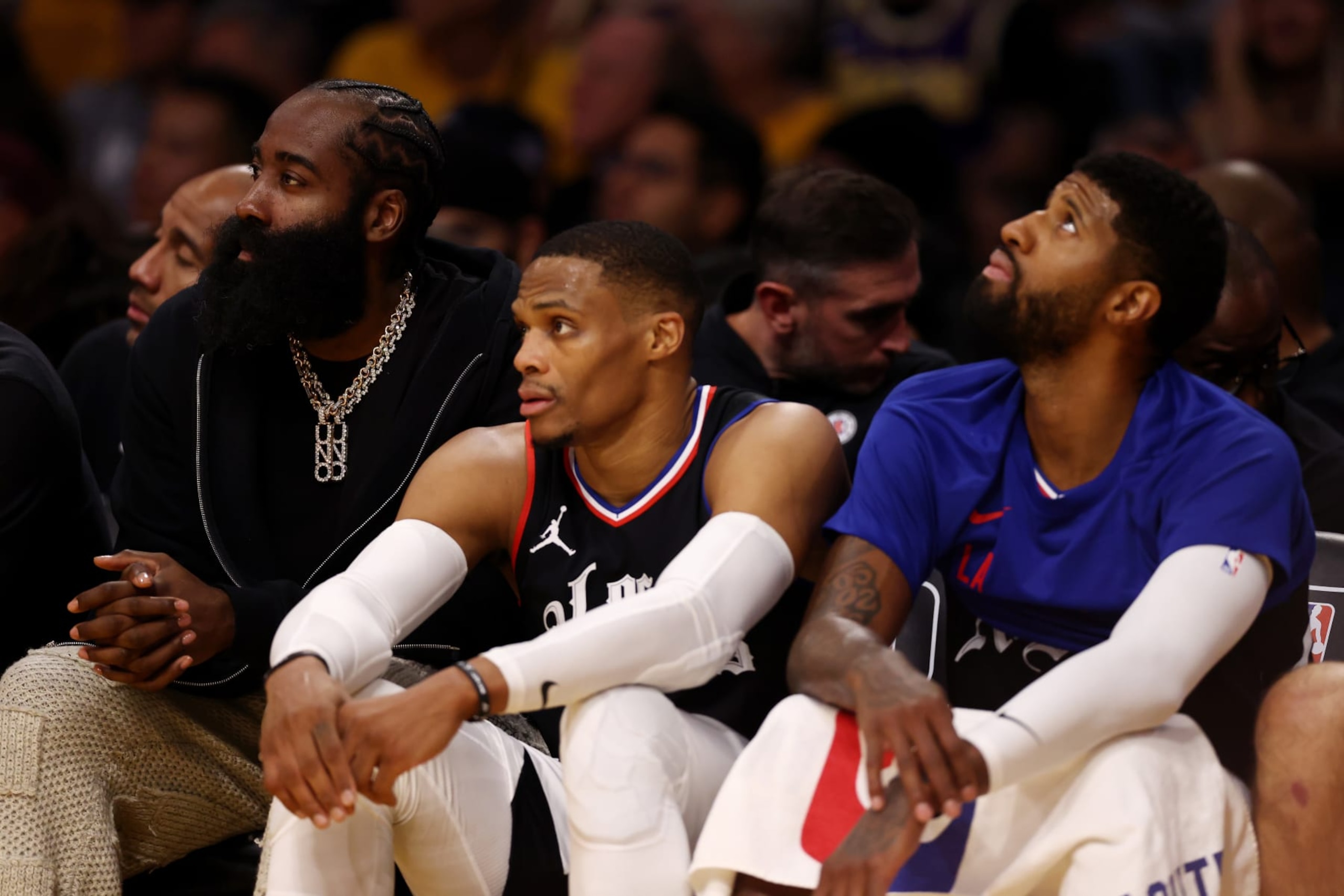LOS ANGELES, CALIFORNIA - NOVEMBER 01: James Harden #1, Russell Westbrook #0 and Paul George #13 of the Los Angeles Clippers look on during the fourth quarter against the Los Angeles Lakers at Crypto.com Arena on November 01, 2023 in Los Angeles, California. NOTE TO USER: User expressly acknowledges and agrees that, by downloading and or using this photograph, User is consenting to the terms and conditions of the Getty Images License Agreement. (Photo by Katelyn Mulcahy/Getty Images) LOS ANGELES, CALIFORNIA - NOVEMBER 01: James Harden #1, Russell Westbrook #0 and Paul George #13 of the Los Angeles Clippers look on during the fourth quarter against the Los Angeles Lakers at Crypto.com Arena on November 01, 2023 in Los Angeles, California. NOTE TO USER: User expressly acknowledges and agrees that, by downloading and or using this photograph, User is consenting to the terms and conditions of the Getty Images License Agreement. (Photo by Katelyn Mulcahy/Getty Images)