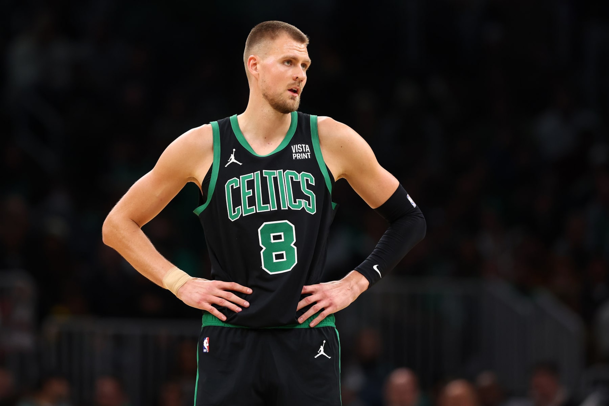 BOSTON, MASSACHUSETTS - NOVEMBER 01: Kristaps Porzingis #8 of the Boston Celtics looks on during the second quarter against the Indiana Pacers  at TD Garden on November 01, 2023 in Boston, Massachusetts. NOTE TO USER: User expressly acknowledges and agrees that, by downloading and or using this photograph, User is consenting to the terms and conditions of the Getty Images License Agreement.  (Photo by Maddie Meyer/Getty Images)