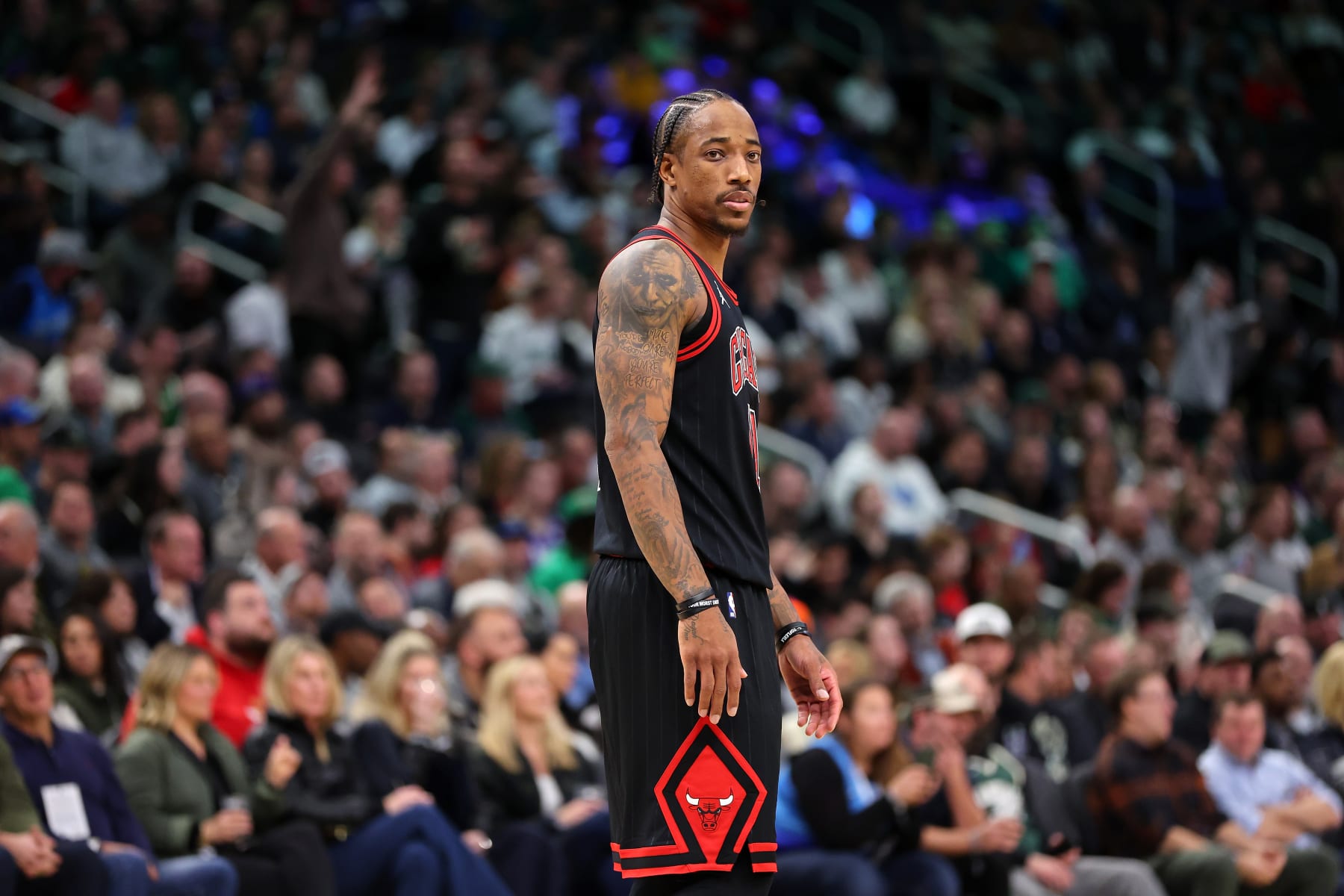 MILWAUKEE, WISCONSIN - NOVEMBER 13: DeMar DeRozan #11 of the Chicago Bulls walks backcourt during a game against the Milwaukee Bucks at Fiserv Forum on November 13, 2023 in Milwaukee, Wisconsin. NOTE TO USER: User expressly acknowledges and agrees that, by downloading and or using this photograph, User is consenting to the terms and conditions of the Getty Images License Agreement. (Photo by Stacy Revere/Getty Images)