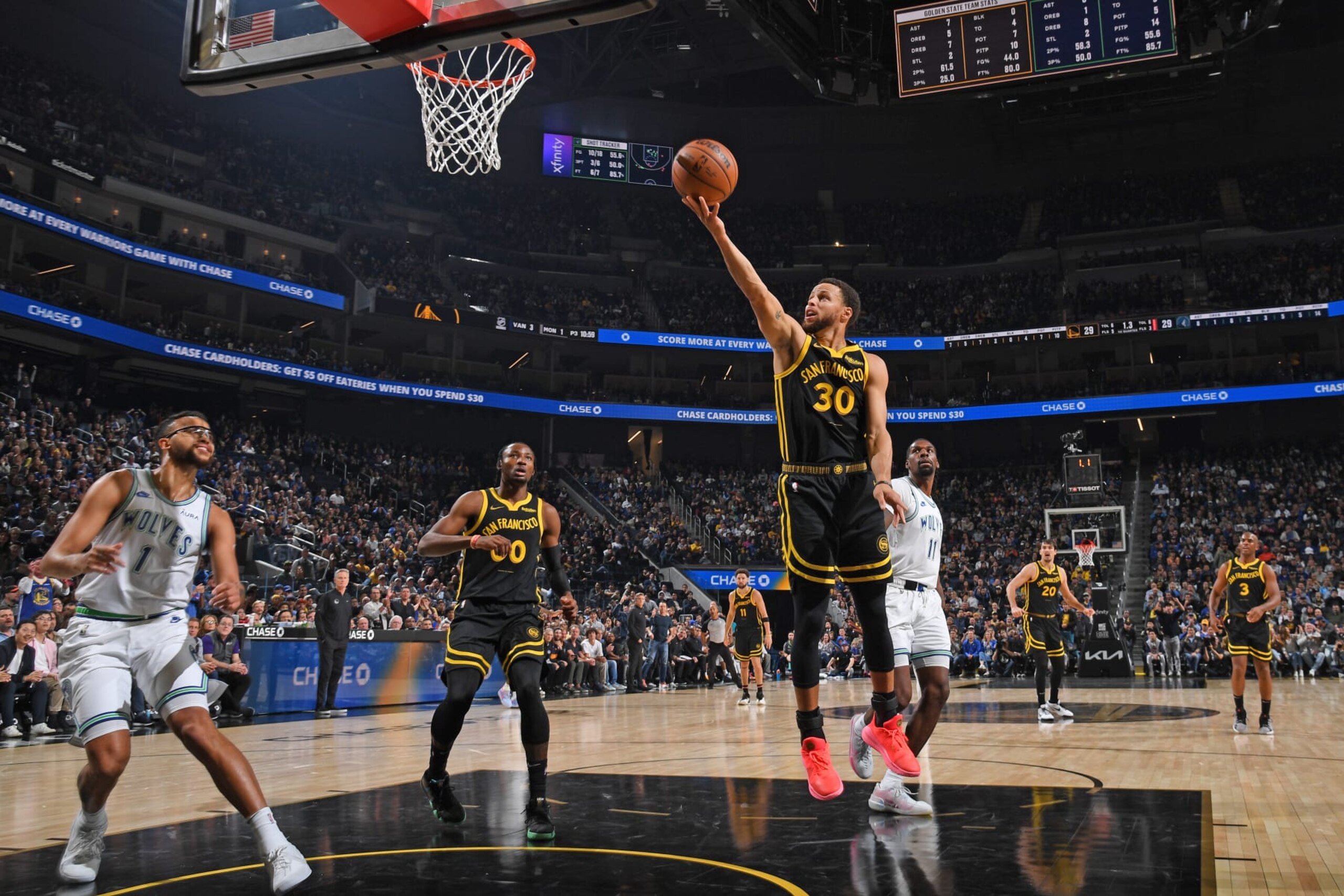 SAN FRANCISCO, CA - NOVEMBER 12: Stephen Curry #30 of the Golden State Warriors shoots the ball during the game against the Minnesota Timberwolves on November 12, 2023 at Chase Center in San Francisco, California. NOTE TO USER: User expressly acknowledges and agrees that, by downloading and or using this photograph, user is consenting to the terms and conditions of Getty Images License Agreement. Mandatory Copyright Notice: Copyright 2023 NBAE (Photo by Noah Graham/NBAE via Getty Images)
