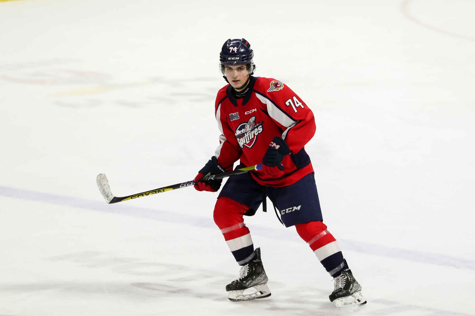 WINDSOR, ONTARIO - MARCH 02: Defenceman Anthony Cristoforo #74 of the Windsor Spitfires skates against the London Knights at the WFCU Centre on March 2, 2023 in Windsor, Ontario, Canada. (Photo by Dennis Pajot/Getty Images)