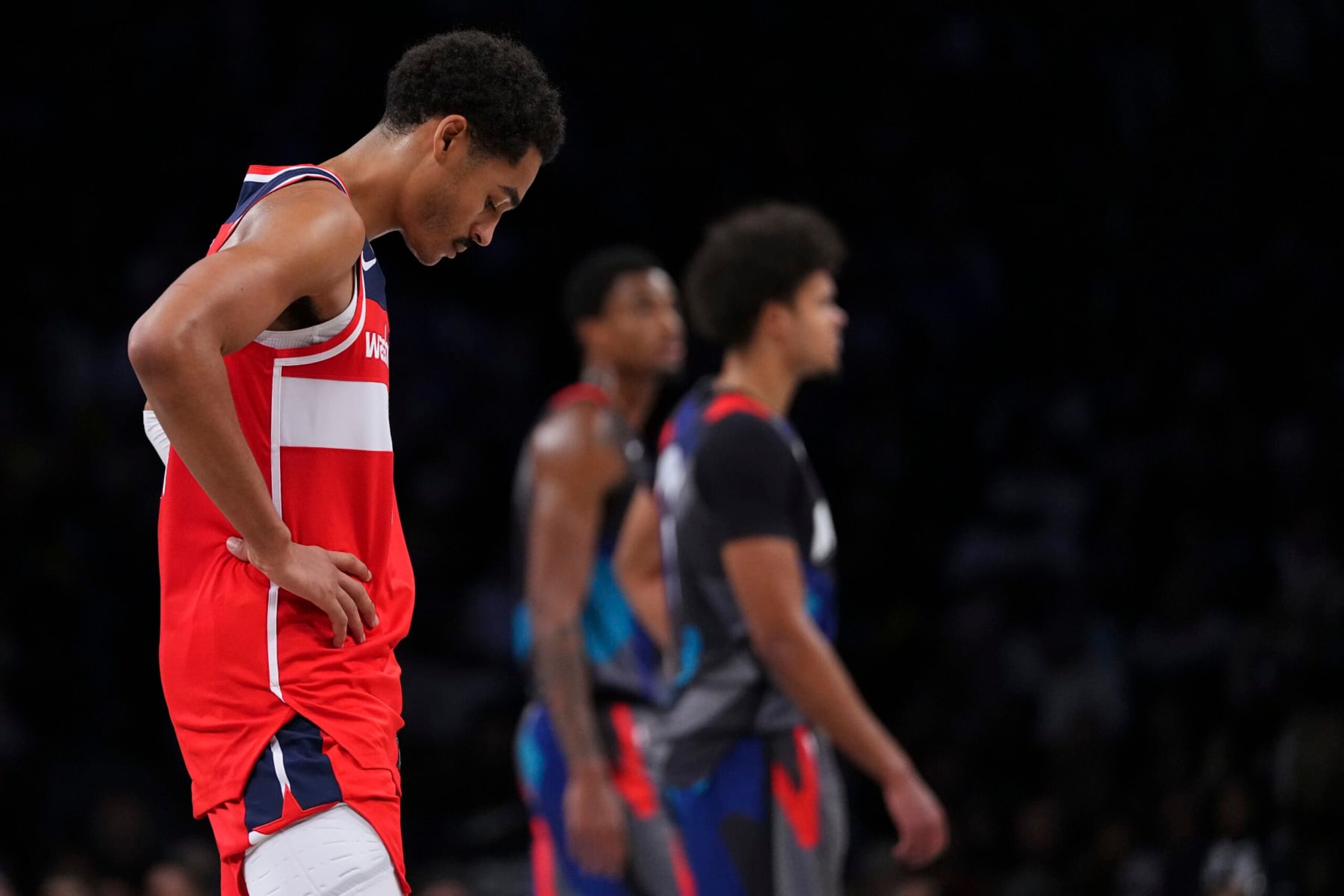 NEW YORK, NEW YORK - NOVEMBER 12: Jordan Poole #13 of the Washington Wizards looks down in the second half of the game against the Brooklyn Nets at Barclays Center on November 12, 2023 in the Brooklyn borough of New York City. The Nets defeated the Wizards 102-94. NOTE TO USER: User expressly acknowledges and agrees that, by downloading and or using this photograph, User is consenting to the terms and conditions of the Getty Images License Agreement. (Photo by Mitchell Leff/Getty Images) NEW YORK, NEW YORK - NOVEMBER 12: Jordan Poole #13 of the Washington Wizards looks down in the second half of the game against the Brooklyn Nets at Barclays Center on November 12, 2023 in the Brooklyn borough of New York City. The Nets defeated the Wizards 102-94. NOTE TO USER: User expressly acknowledges and agrees that, by downloading and or using this photograph, User is consenting to the terms and conditions of the Getty Images License Agreement. (Photo by Mitchell Leff/Getty Images)