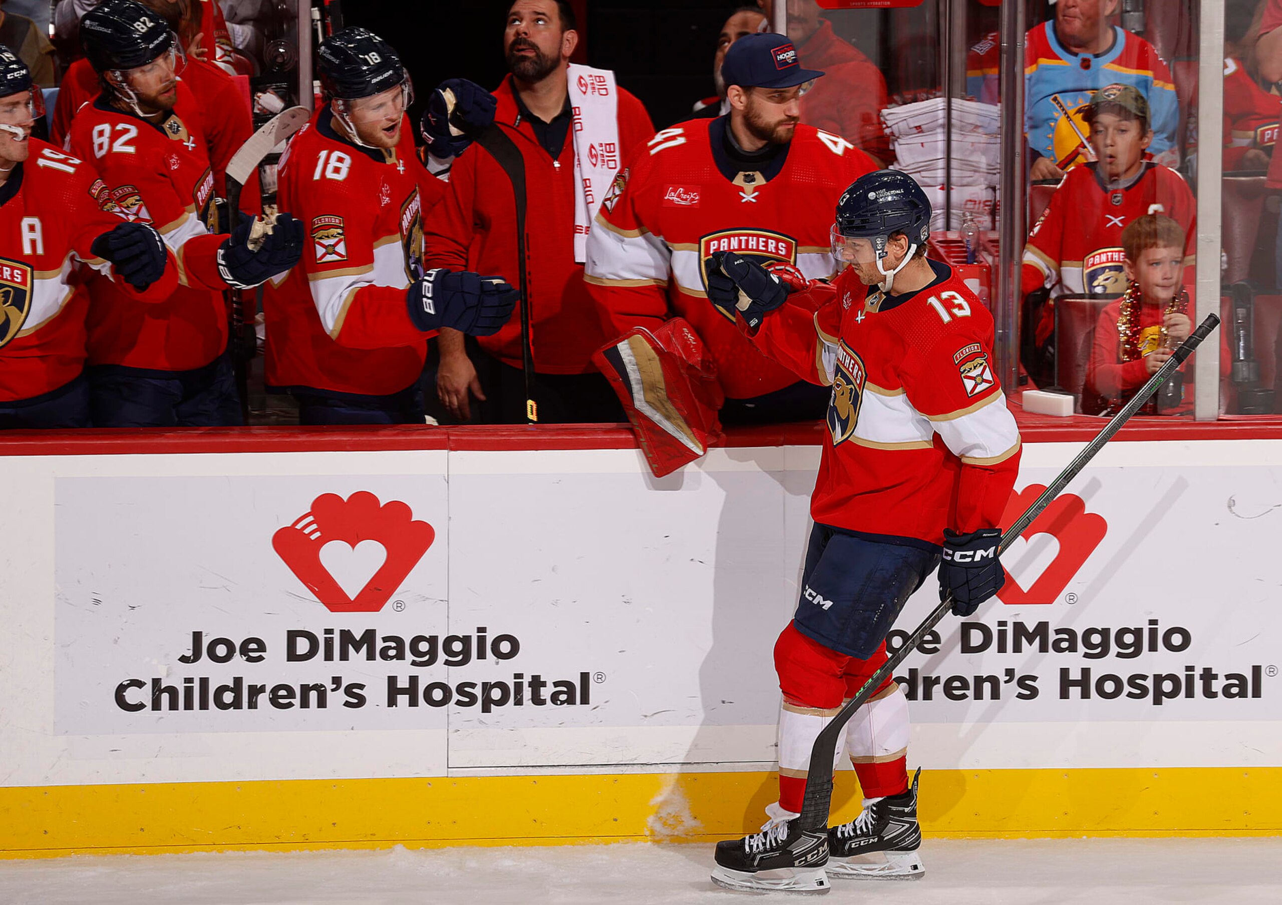 SUNRISE, FLORIDA - NOVEMBER 12: Sam Reinhart #13 of the Florida Panthers celebrates his goal with teammates during the second period against the Chicago Blackhawks at the Amerant Bank Arena on November 12, 2023 in Sunrise, Florida. (Photo by Eliot J. Schechter/NHLI via Getty Images) SUNRISE, FLORIDA - NOVEMBER 12: Sam Reinhart #13 of the Florida Panthers celebrates his goal with teammates during the second period against the Chicago Blackhawks at the Amerant Bank Arena on November 12, 2023 in Sunrise, Florida. (Photo by Eliot J. Schechter/NHLI via Getty Images)