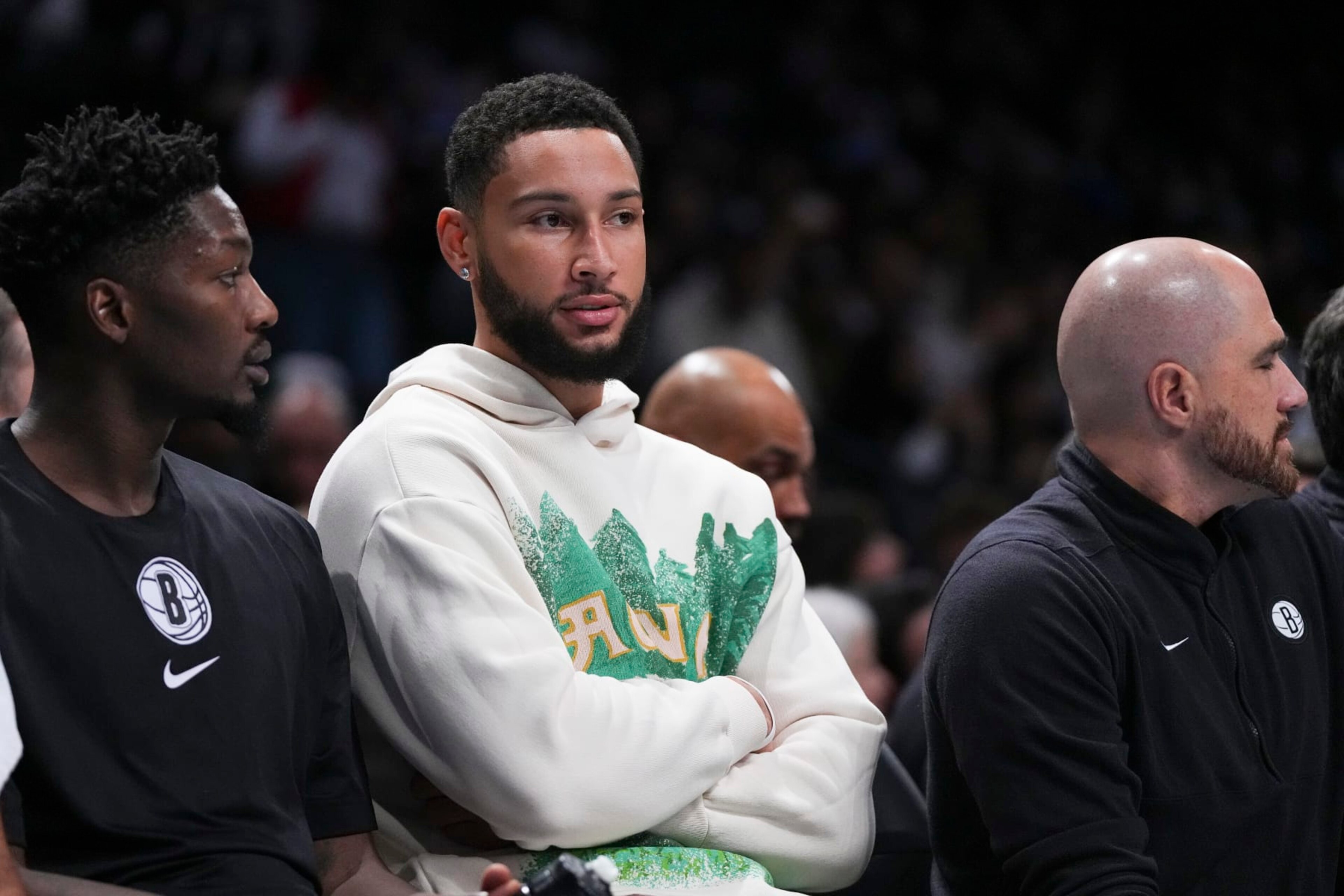 NEW YORK, NEW YORK - NOVEMBER 12: Ben Simmons #10 of the Brooklyn Nets (C) looks on from the bench in the first half against the Washington Wizards at Barclays Center on November 12, 2023 in the Brooklyn borough of New York City. NOTE TO USER: User expressly acknowledges and agrees that, by downloading and or using this photograph, User is consenting to the terms and conditions of the Getty Images License Agreement. (Photo by Mitchell Leff/Getty Images)