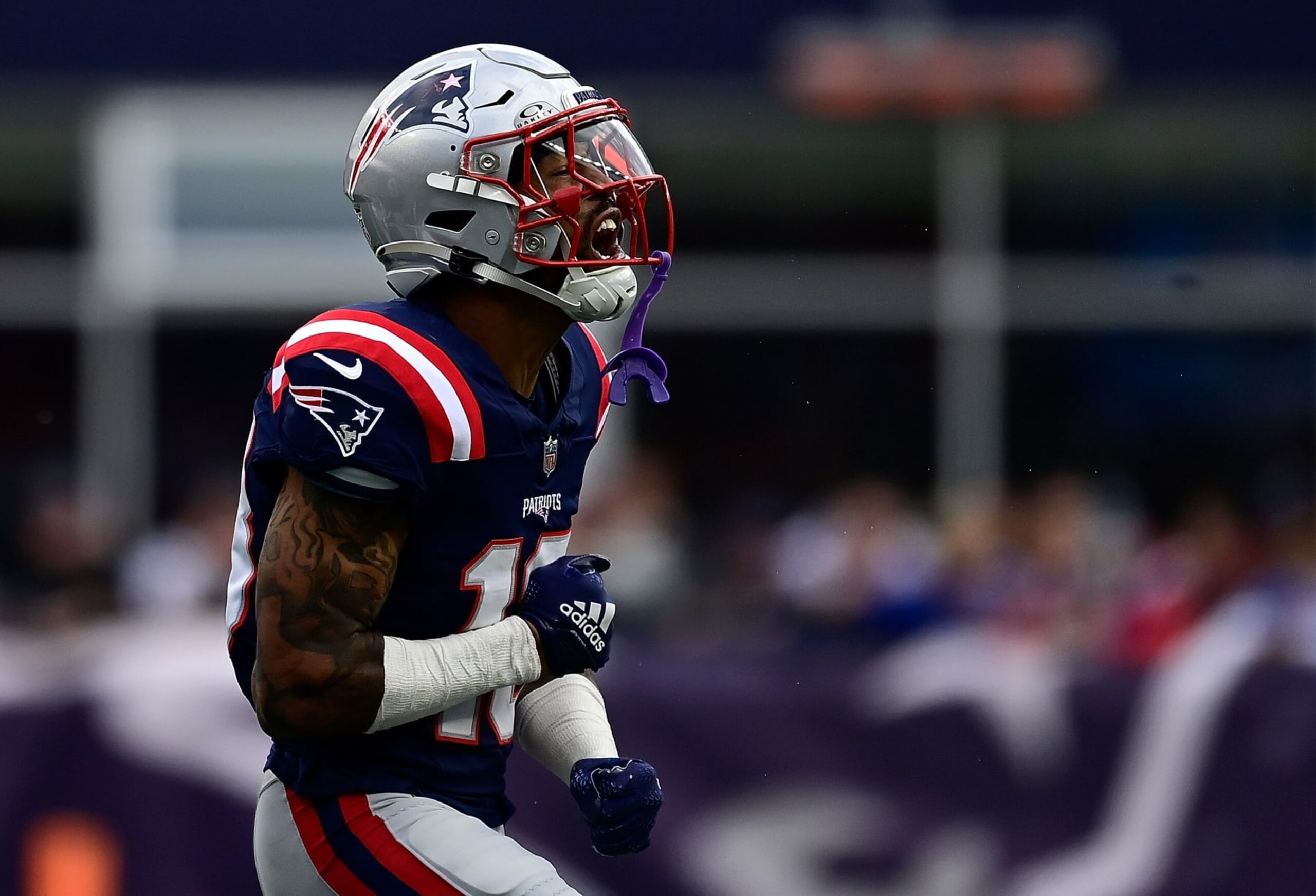 FOXBOROUGH, MASSACHUSETTS - OCTOBER 22: Jack Jones #13 of the New England Patriots reacts after a play in the fourth quarter of the game against the Buffalo Bills at Gillette Stadium on October 22, 2023 in Foxborough, Massachusetts. (Photo by Billie Weiss/Getty Images)