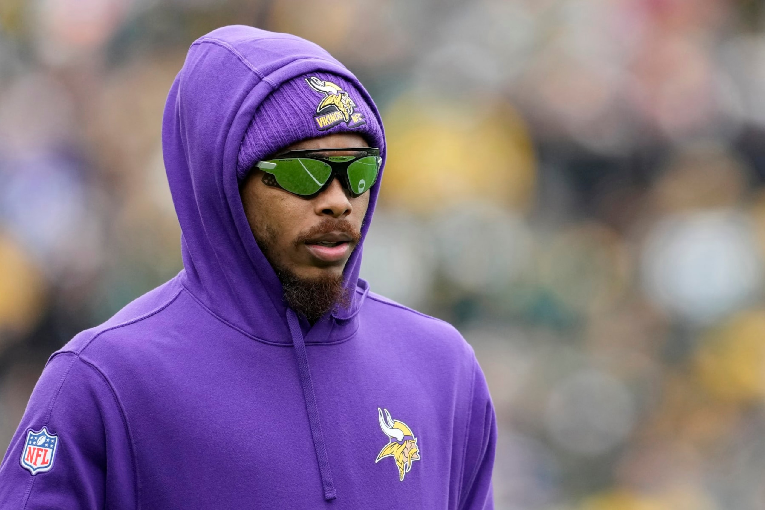 GREEN BAY, WISCONSIN - OCTOBER 29: Justin Jefferson #18 of the Minnesota Vikings looks on prior to the game against the Green Bay Packers at Lambeau Field on October 29, 2023 in Green Bay, Wisconsin. (Photo by Patrick McDermott/Getty Images)