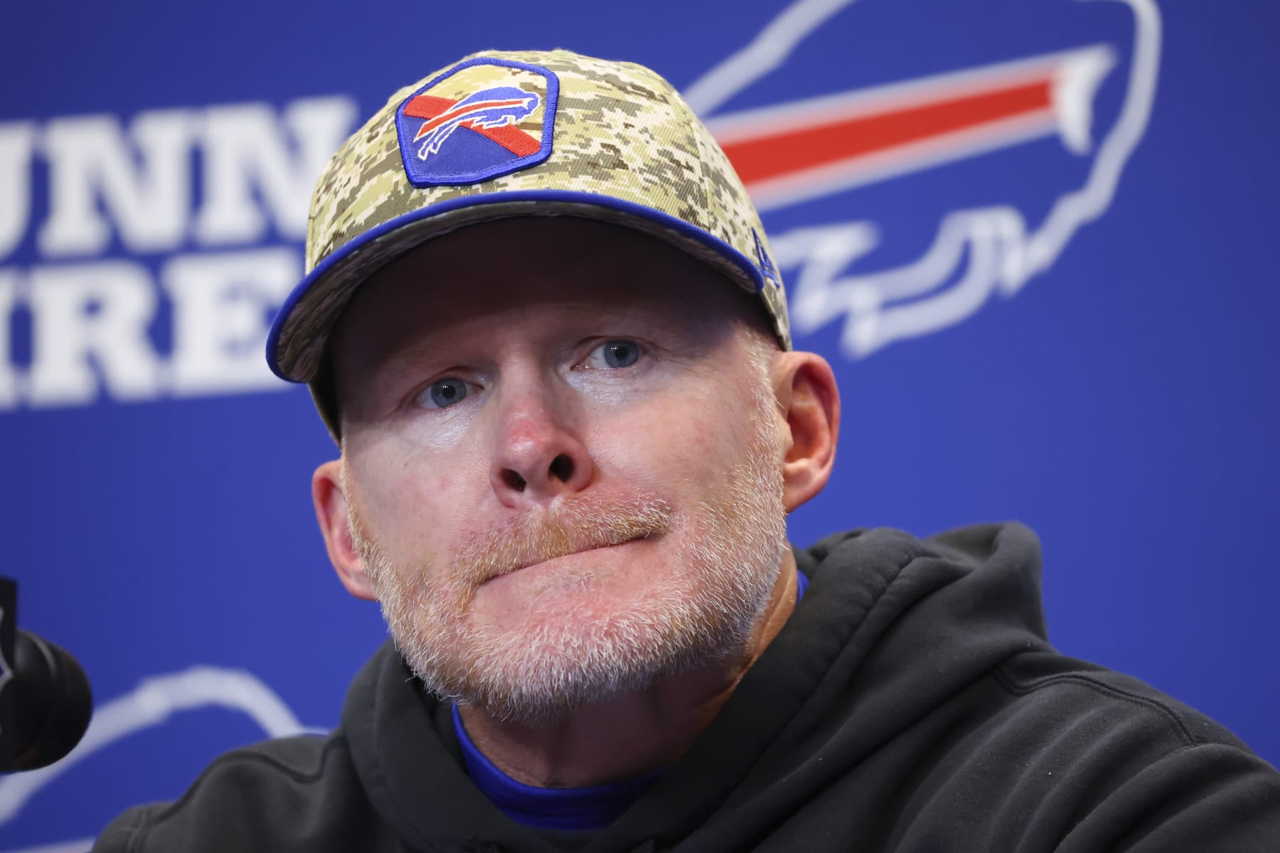 Buffalo Bills head coach Sean McDermott talks to reporters after an NFL football game against the Denver Broncos, Monday, Nov. 13, 2023, in Orchard Park, N.Y. (AP Photo/Jeffrey T. Barnes)