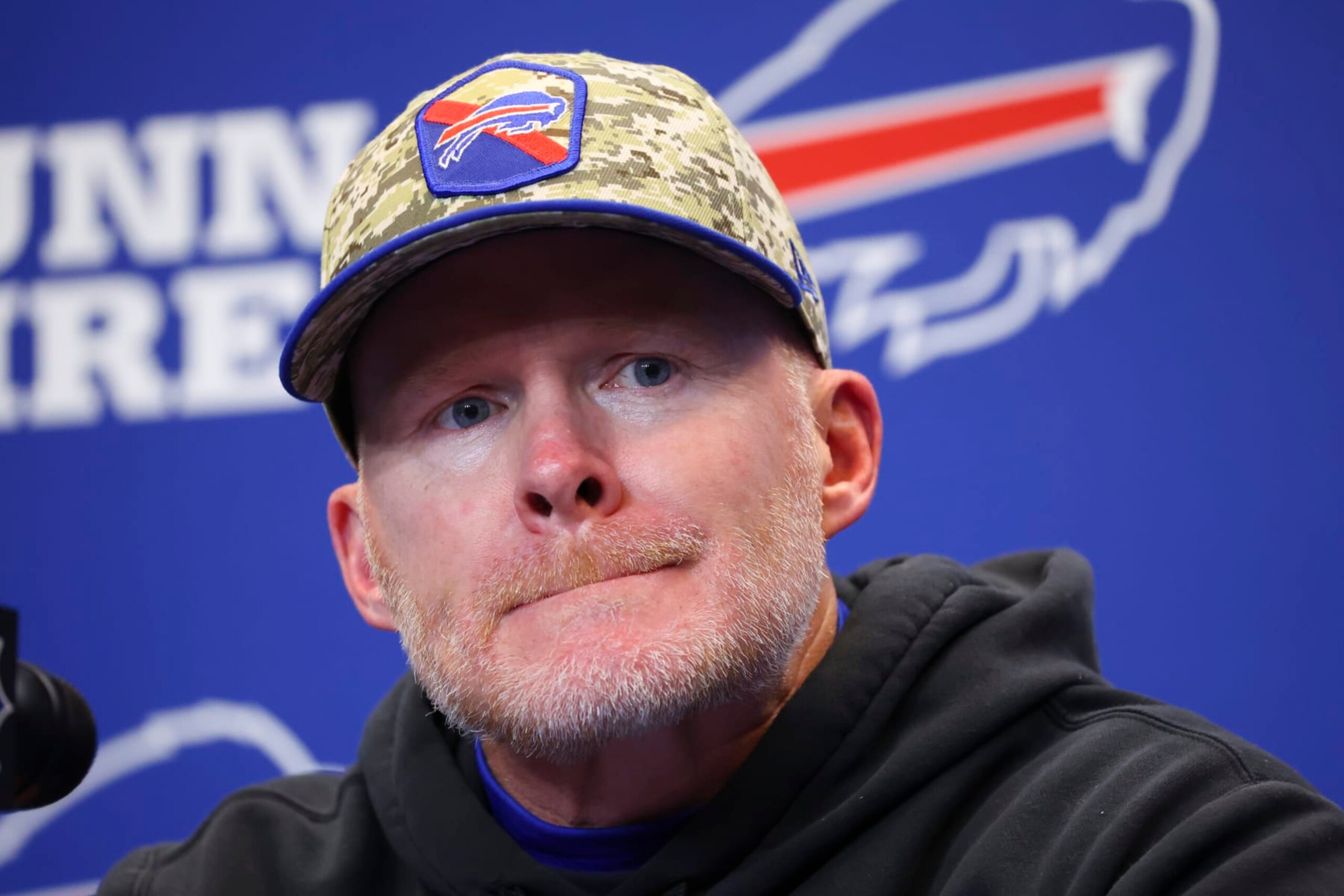 Buffalo Bills head coach Sean McDermott talks to reporters after an NFL football game against the Denver Broncos, Monday, Nov. 13, 2023, in Orchard Park, N.Y. (AP Photo/Jeffrey T. Barnes)