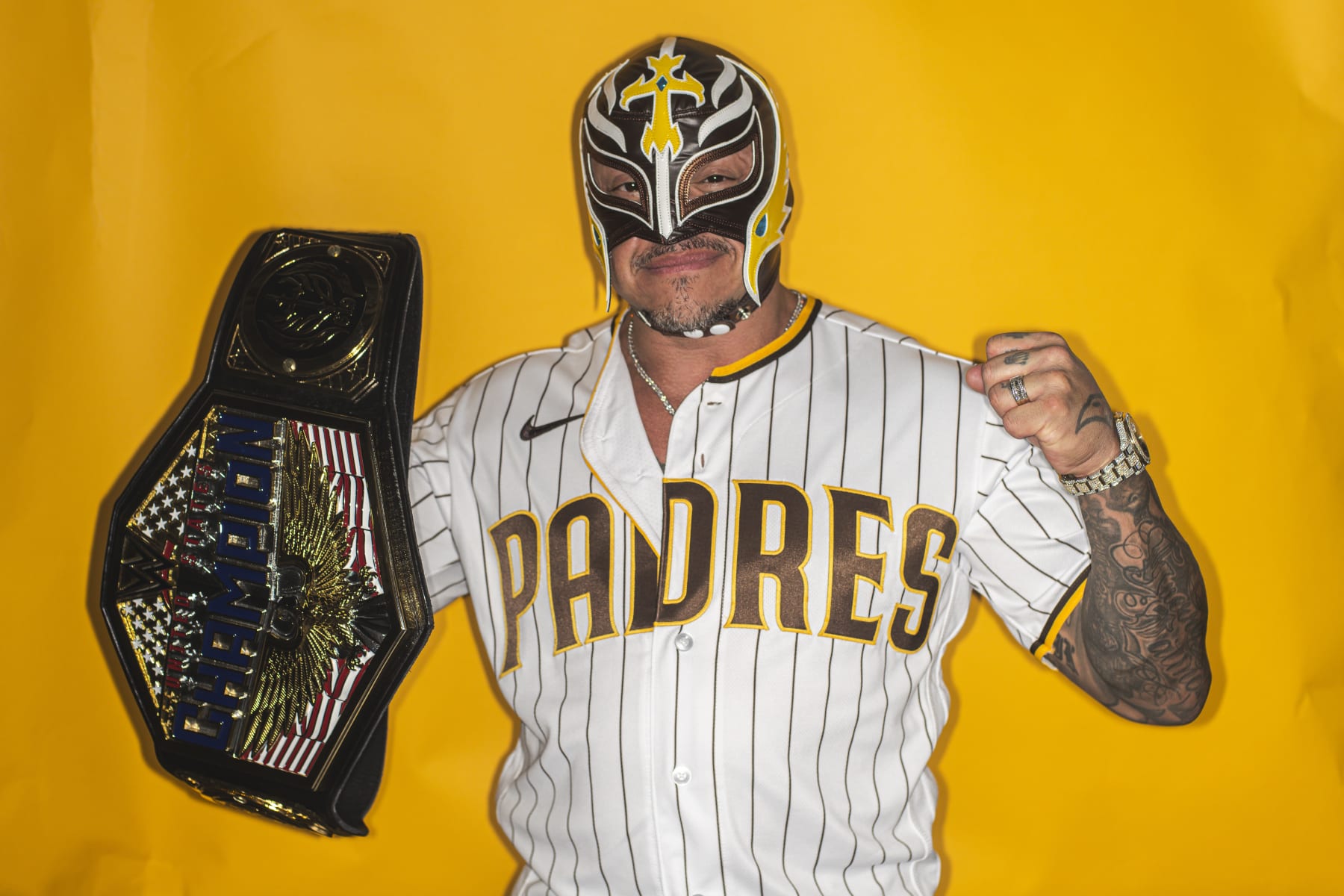 SAN DIEGO, CA - SEPTEMBER 23: Professional WWE wrestler Rey Mysterio poses for a photo before the game against the St. Louis Cardinals on September 23, 2023 at Petco Park in San Diego, California. (Photo by Matt Thomas/San Diego Padres/Getty Images)