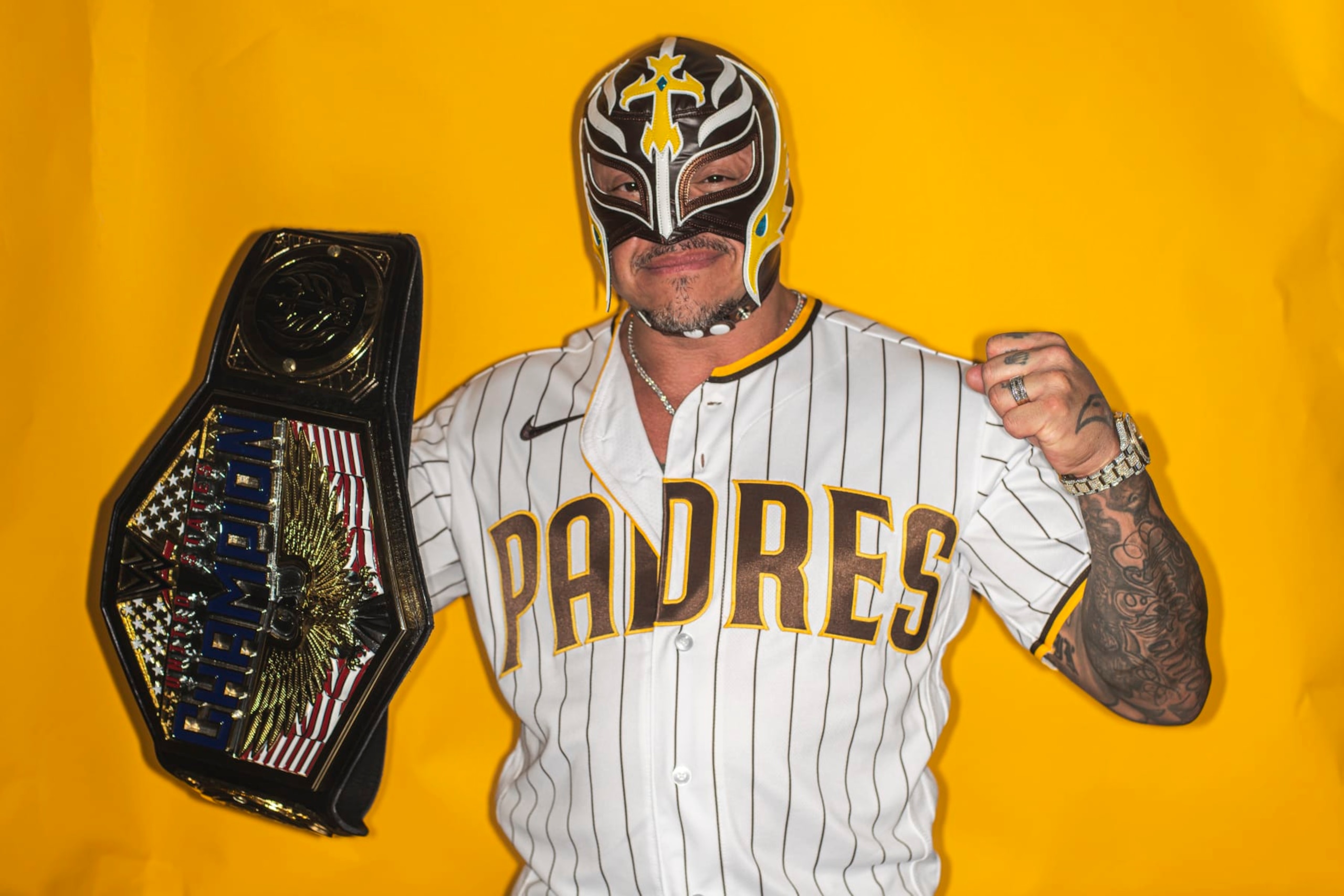 SAN DIEGO, CA - SEPTEMBER 23: Professional WWE wrestler Rey Mysterio poses for a photo before the game against the St. Louis Cardinals on September 23, 2023 at Petco Park in San Diego, California. (Photo by Matt Thomas/San Diego Padres/Getty Images)