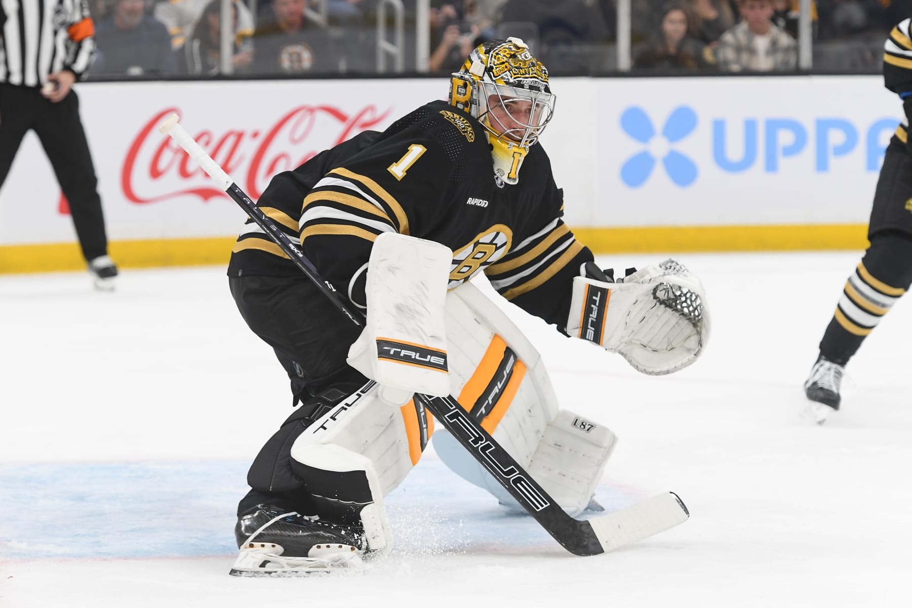 BOSTON, MASSACHUSETTS - OCTOBER 14: Jeremy Swayman #1 of the Boston Bruins in the net against the Nashville Predators on October 14, 2023 at the TD Garden in Boston, Massachusetts. (Photo by Steve Babineau/NHLI via Getty Images)