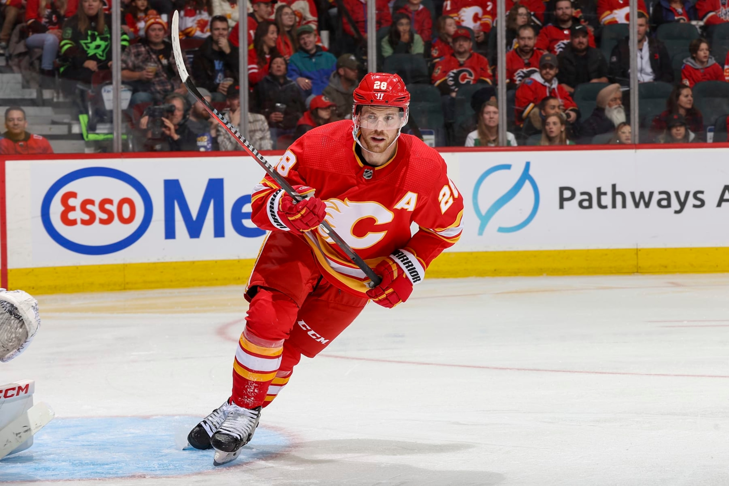 CALGARY, AB - NOVEMBER 1: Elias Lindholm #28 of the Calgary Flames skates up ice against the Dallas Stars at Scotiabank Saddledome on November 1, 2023 in Calgary, Alberta, Canada. (Photo by Gerry Thomas/NHLI via Getty Images) CALGARY, AB - NOVEMBER 1: Elias Lindholm #28 of the Calgary Flames skates up ice against the Dallas Stars at Scotiabank Saddledome on November 1, 2023 in Calgary, Alberta, Canada. (Photo by Gerry Thomas/NHLI via Getty Images)