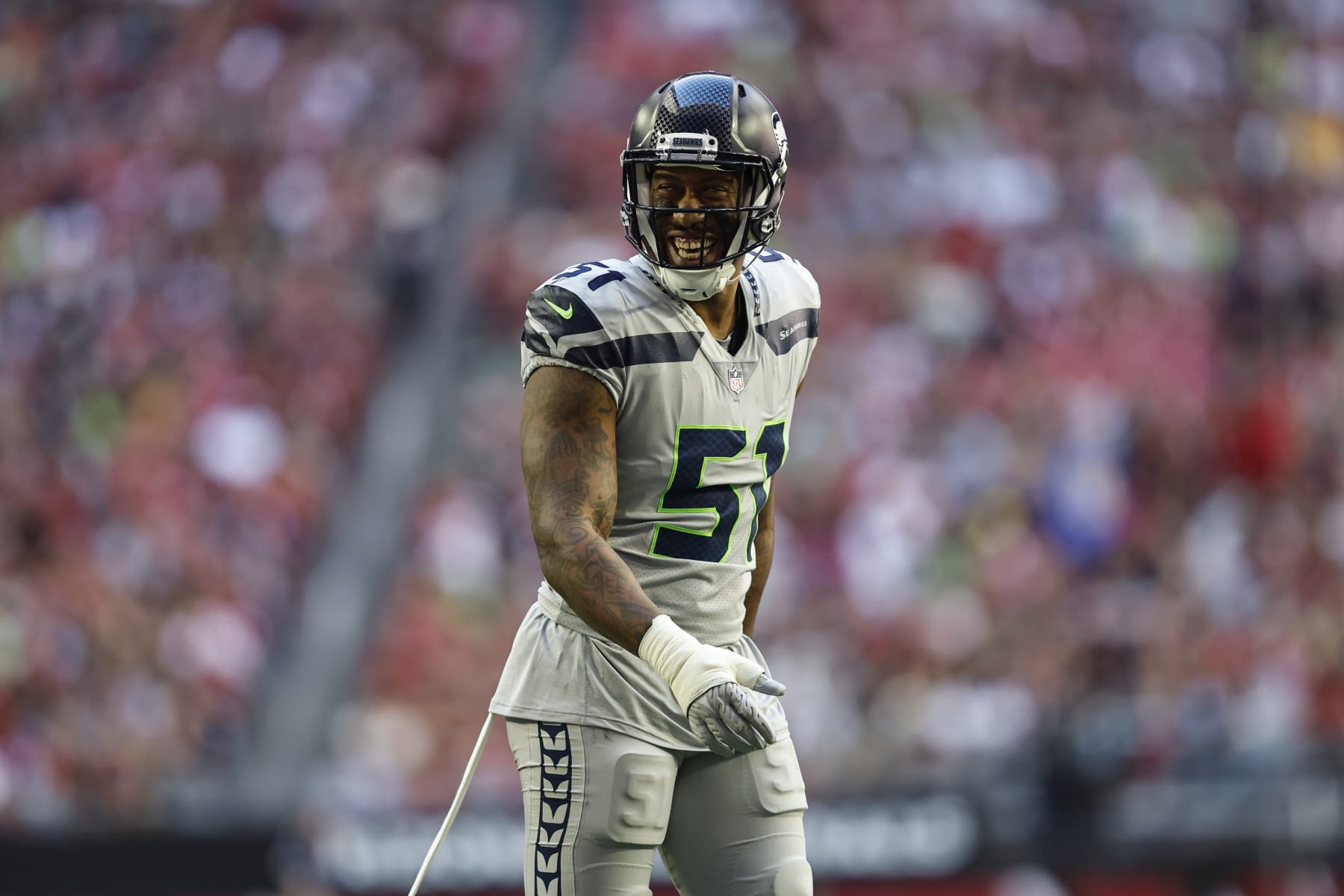 GLENDALE, ARIZONA - NOVEMBER 06: Bruce Irvin #51 of the Seattle Seahawks reacts during an NFL Football game between the Arizona Cardinals and the Seattle Seahawks at State Farm Stadium on November 06, 2022 in Glendale, Arizona. (Photo by Michael Owens/Getty Images)