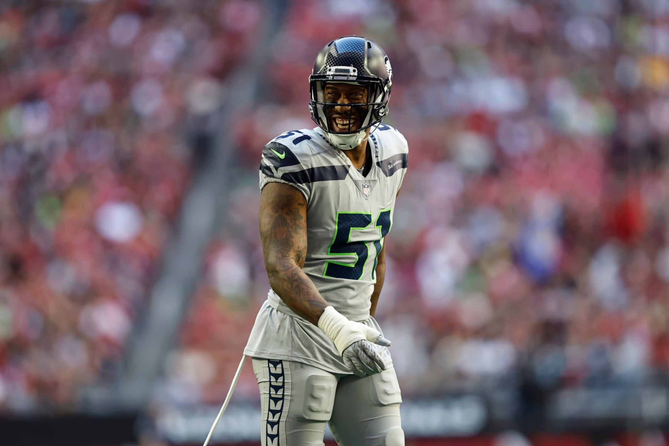 GLENDALE, ARIZONA - NOVEMBER 06: Bruce Irvin #51 of the Seattle Seahawks reacts during an NFL Football game between the Arizona Cardinals and the Seattle Seahawks at State Farm Stadium on November 06, 2022 in Glendale, Arizona. (Photo by Michael Owens/Getty Images) GLENDALE, ARIZONA - NOVEMBER 06: Bruce Irvin #51 of the Seattle Seahawks reacts during an NFL Football game between the Arizona Cardinals and the Seattle Seahawks at State Farm Stadium on November 06, 2022 in Glendale, Arizona. (Photo by Michael Owens/Getty Images)