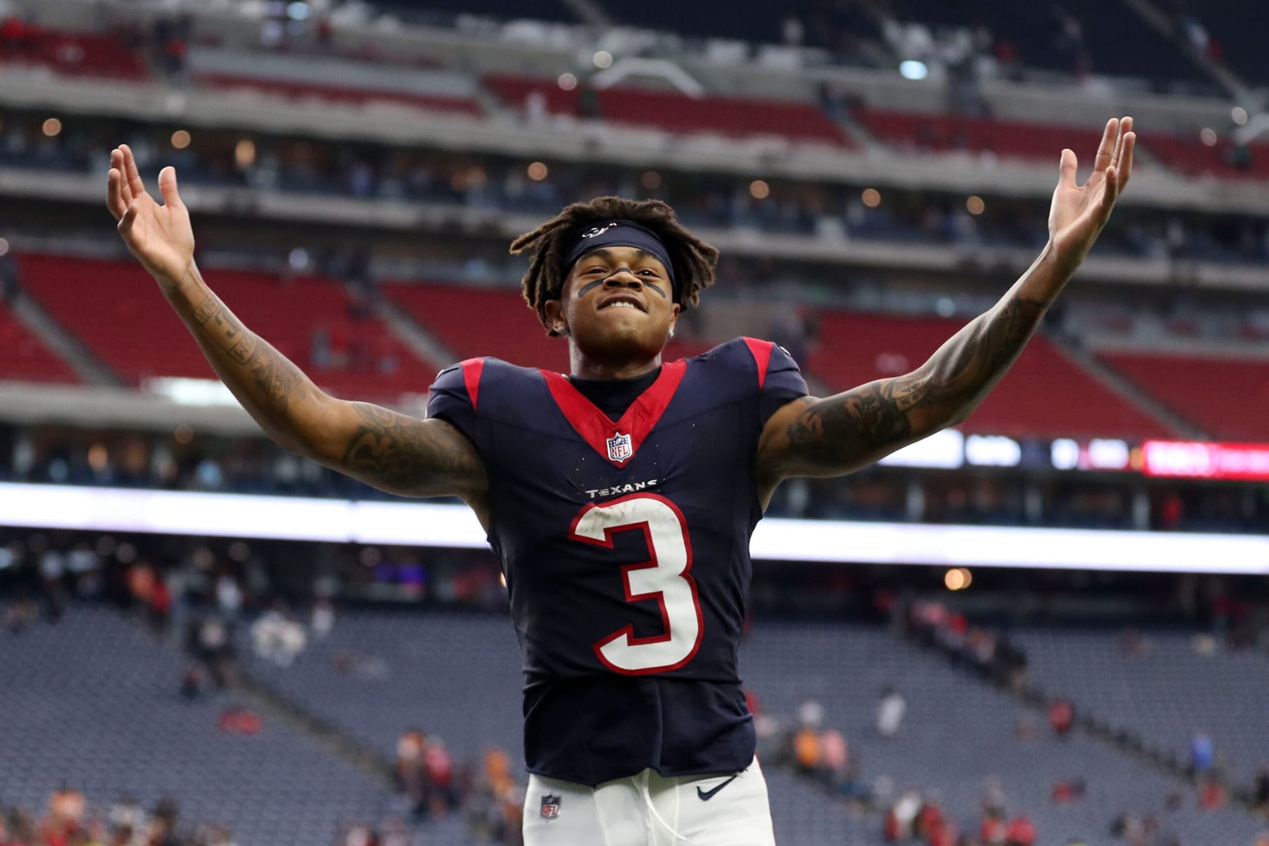 HOUSTON, TEXAS - NOVEMBER 05: Tank Dell #3 of the Houston Texans celebrates after the Texans defeated the Tampa Bay Buccaneers, 39-37, at NRG Stadium on November 05, 2023 in Houston, Texas. (Photo by Tim Warner/Getty Images)