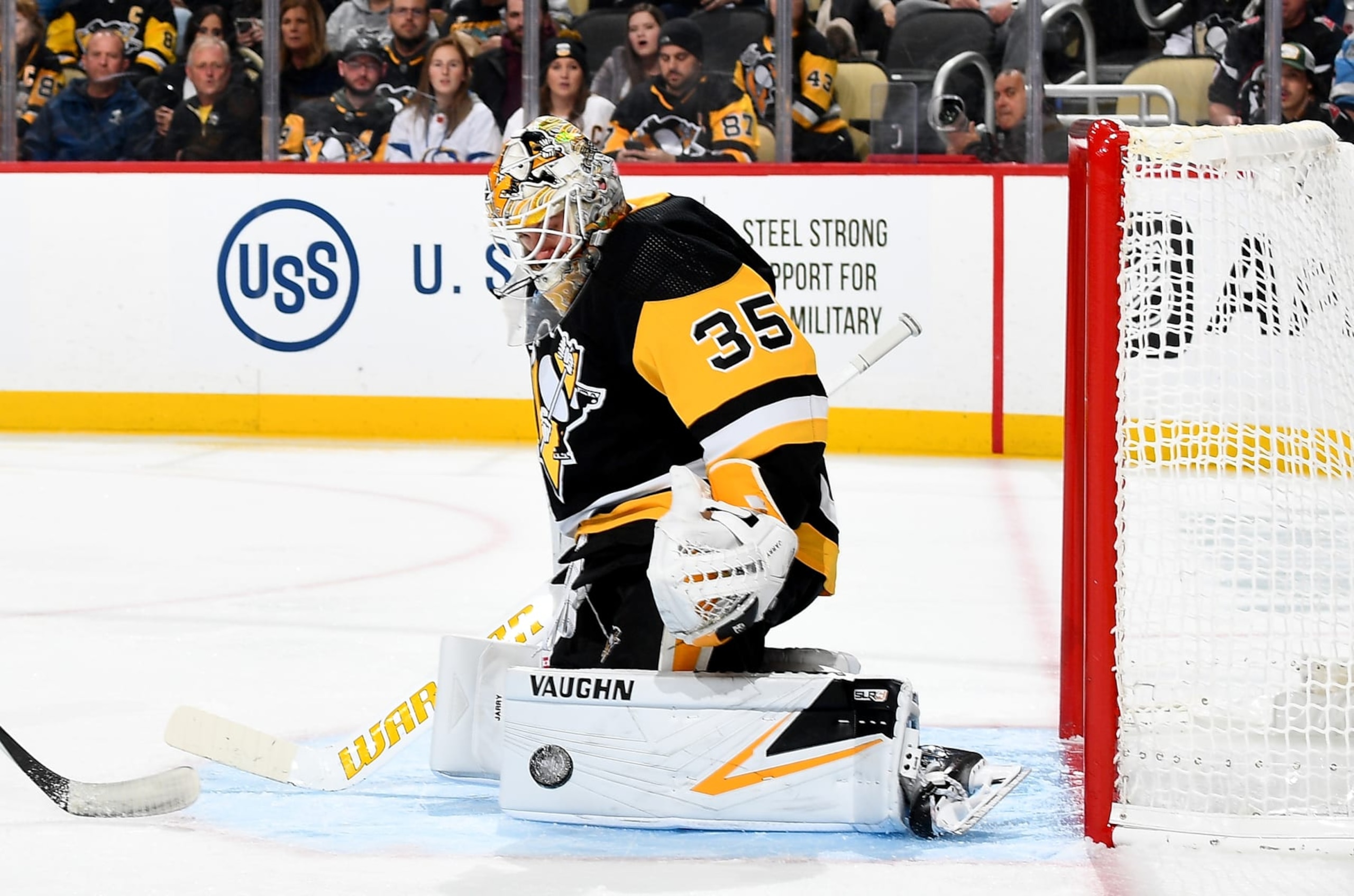 PITTSBURGH, PA - NOVEMBER 11:  Tristan Jarry #35 of the Pittsburgh Penguins makes a save against the Buffalo Sabres at PPG PAINTS Arena on November 11, 2023 in Pittsburgh, Pennsylvania. (Photo by Joe Sargent/NHLI via Getty Images)