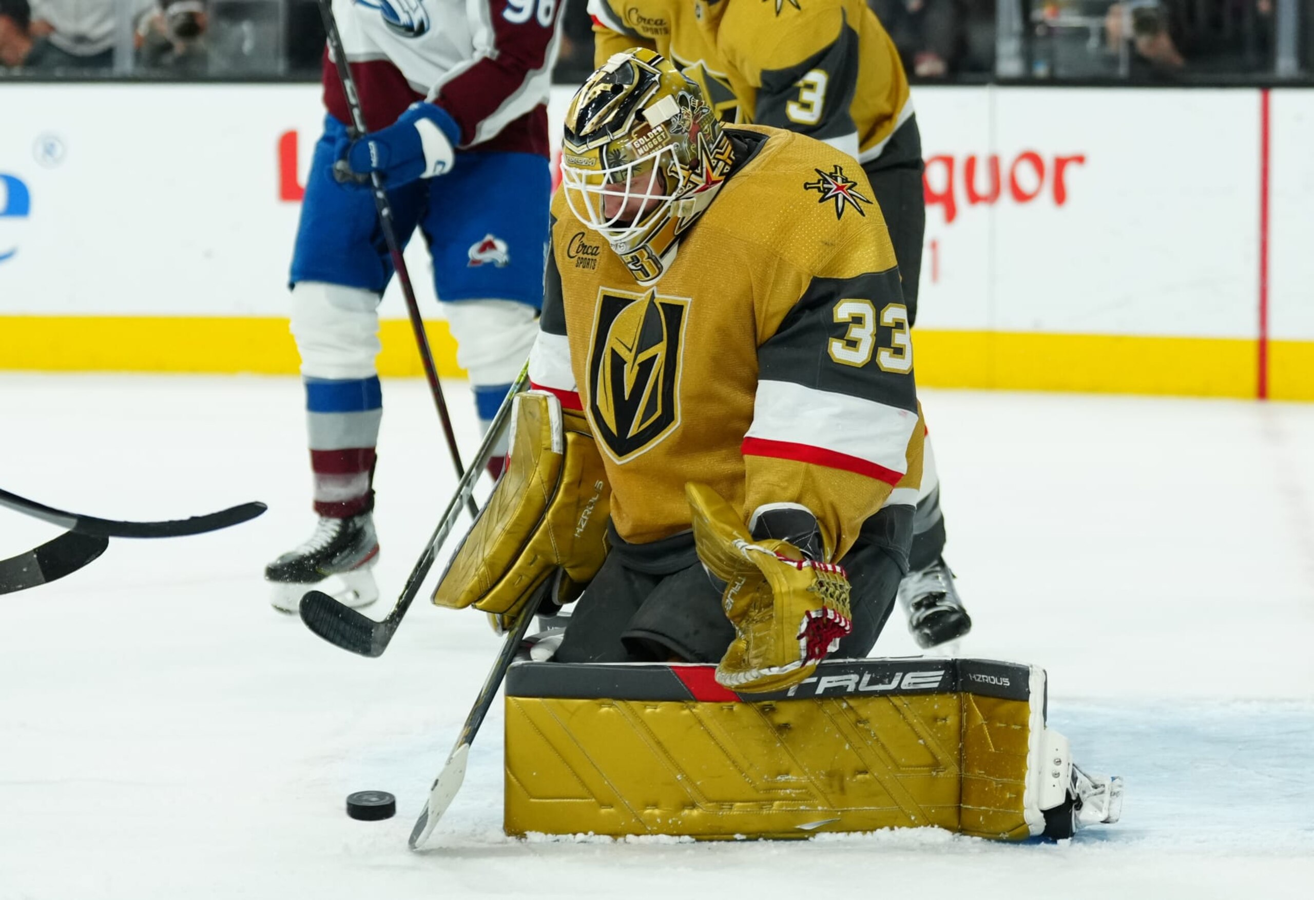 LAS VEGAS, NEVADA - NOVEMBER 04: Adin Hill #33 of the Vegas Golden Knights makes a save during the second period against the Colorado Avalanche at T-Mobile Arena on November 04, 2023 in Las Vegas, Nevada. (Photo by Jeff Bottari/NHLI via Getty Images)