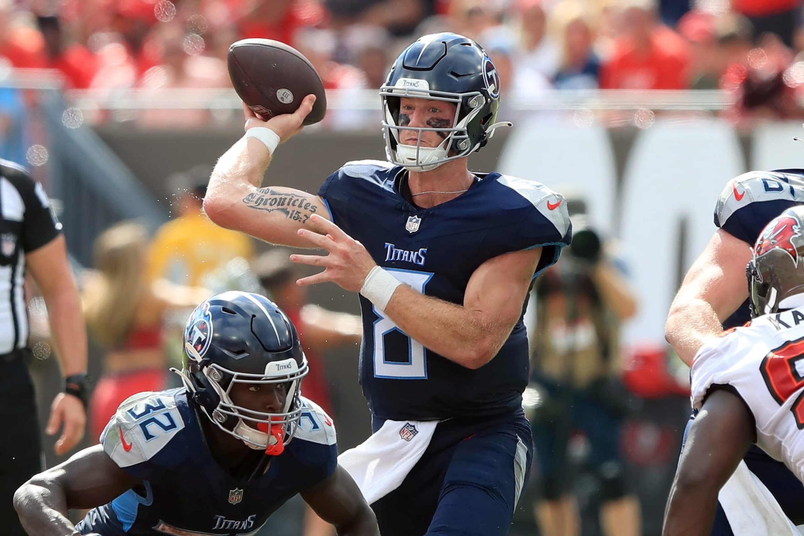 TAMPA, FL - NOVERMBER 12: Tennessee Titans Quarterback Will Levis (8) throws a pass during the regular season game between the Tennessee Titans and the Tampa Bay Buccaneers on November 12, 2023 at Raymond James Stadium in Tampa, Florida. (Photo by Cliff Welch/Icon Sportswire via Getty Images)