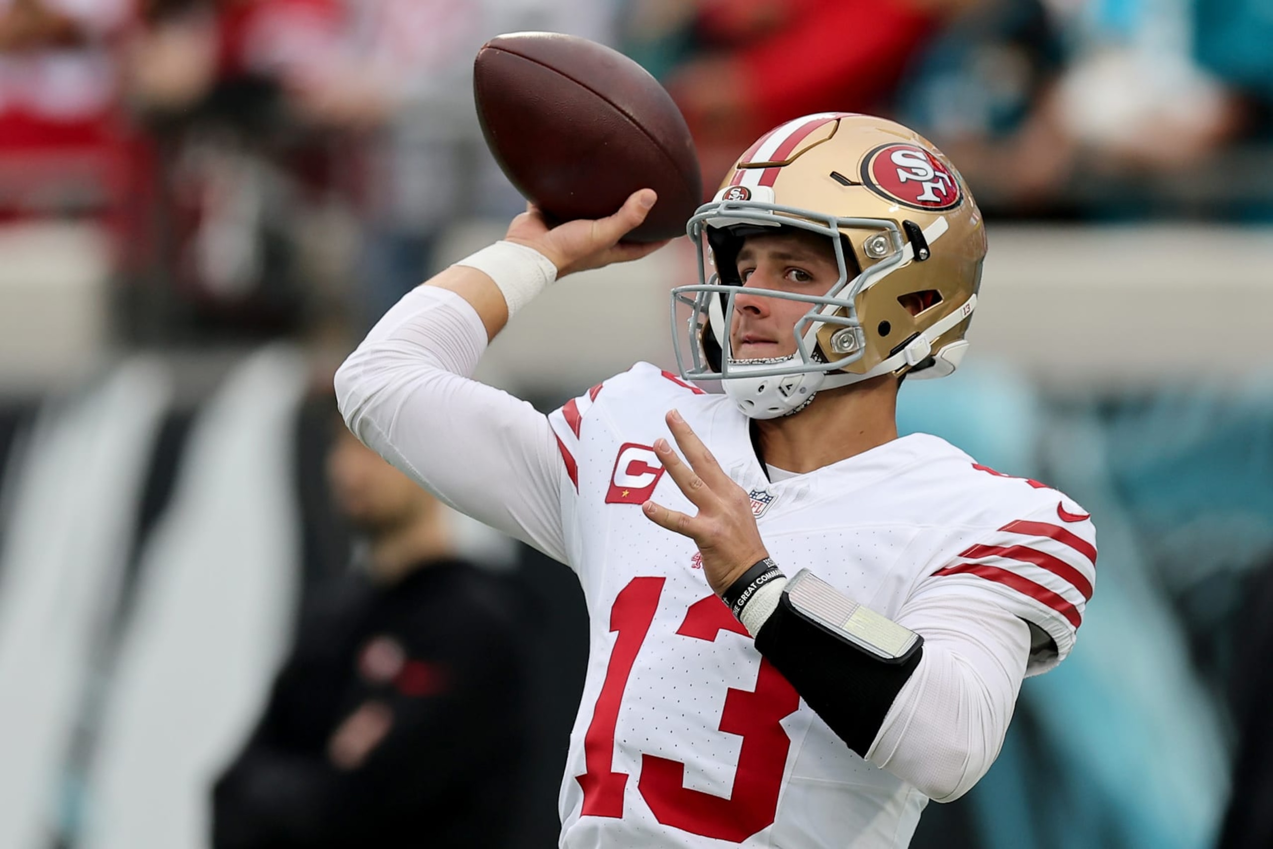 JACKSONVILLE, FLORIDA - NOVEMBER 12: Brock Purdy #13 of the San Francisco 49ers warms up before the game against the Jacksonville Jaguars at EverBank Stadium on November 12, 2023 in Jacksonville, Florida. (Photo by Mike Carlson/Getty Images)