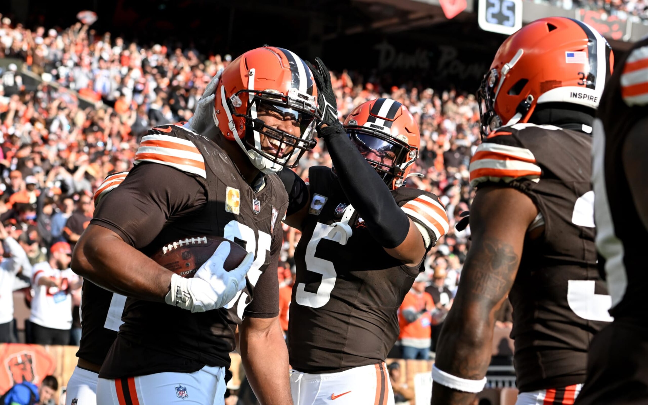 CLEVELAND, OHIO - NOVEMBER 05: Myles Garrett #95 of the Cleveland Browns celebrates after recovering a fumble during the third quarter of the game against the Arizona Cardinals at Cleveland Browns Stadium on November 05, 2023 in Cleveland, Ohio. (Photo by Nick Cammett/Getty Images)