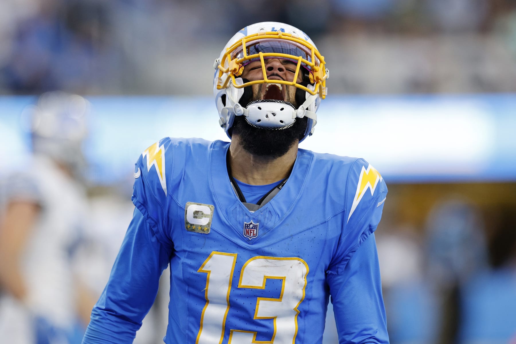INGLEWOOD, CALIFORNIA - NOVEMBER 12: Keenan Allen #13 of the Los Angeles Chargers celebrates after a touchdown during the fourth quarter against the Detroit Lions at SoFi Stadium on November 12, 2023 in Inglewood, California. (Photo by Kevork Djansezian/Getty Images)