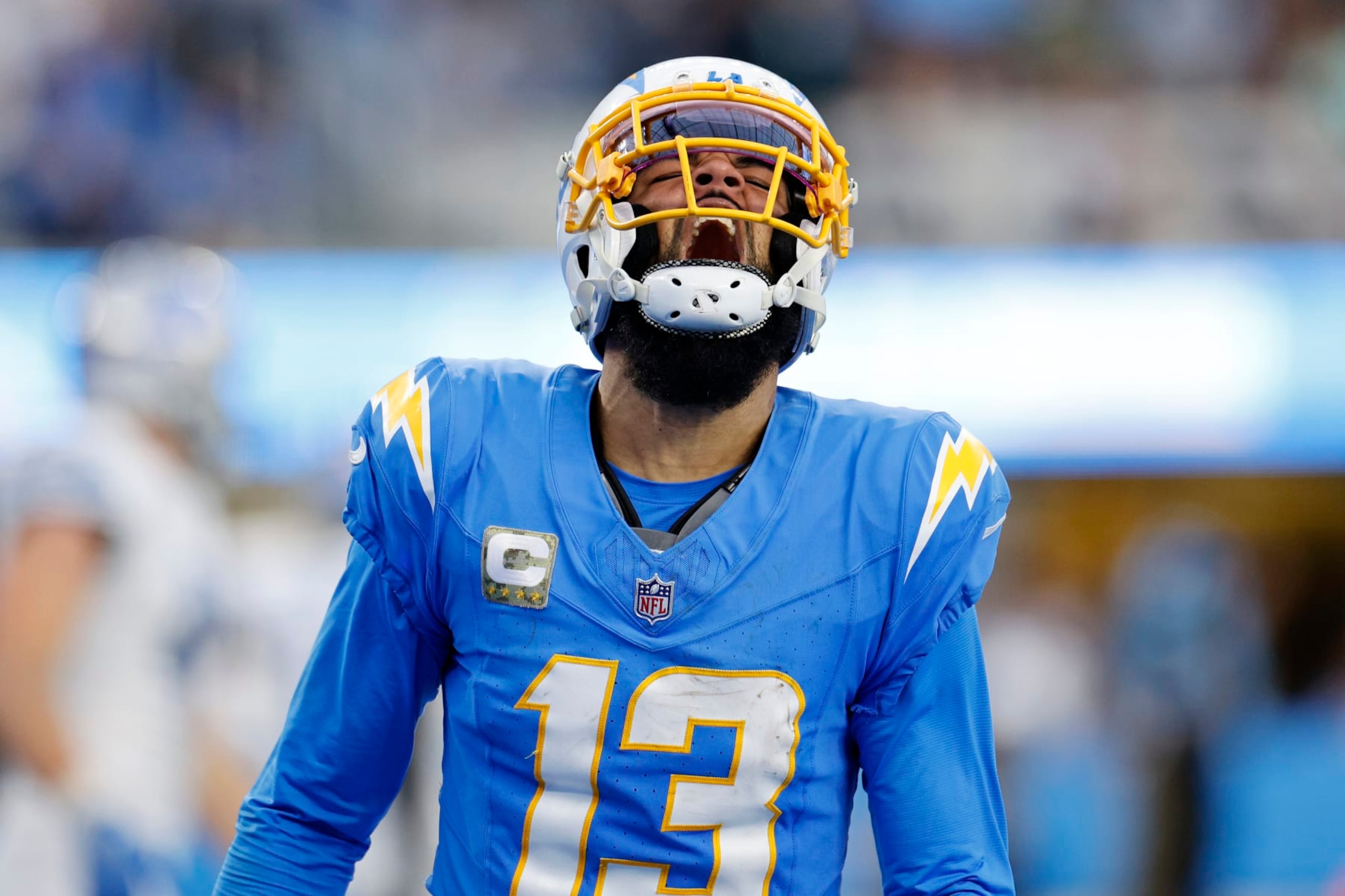 INGLEWOOD, CALIFORNIA - NOVEMBER 12: Keenan Allen #13 of the Los Angeles Chargers celebrates after a touchdown during the fourth quarter against the Detroit Lions at SoFi Stadium on November 12, 2023 in Inglewood, California. (Photo by Kevork Djansezian/Getty Images)