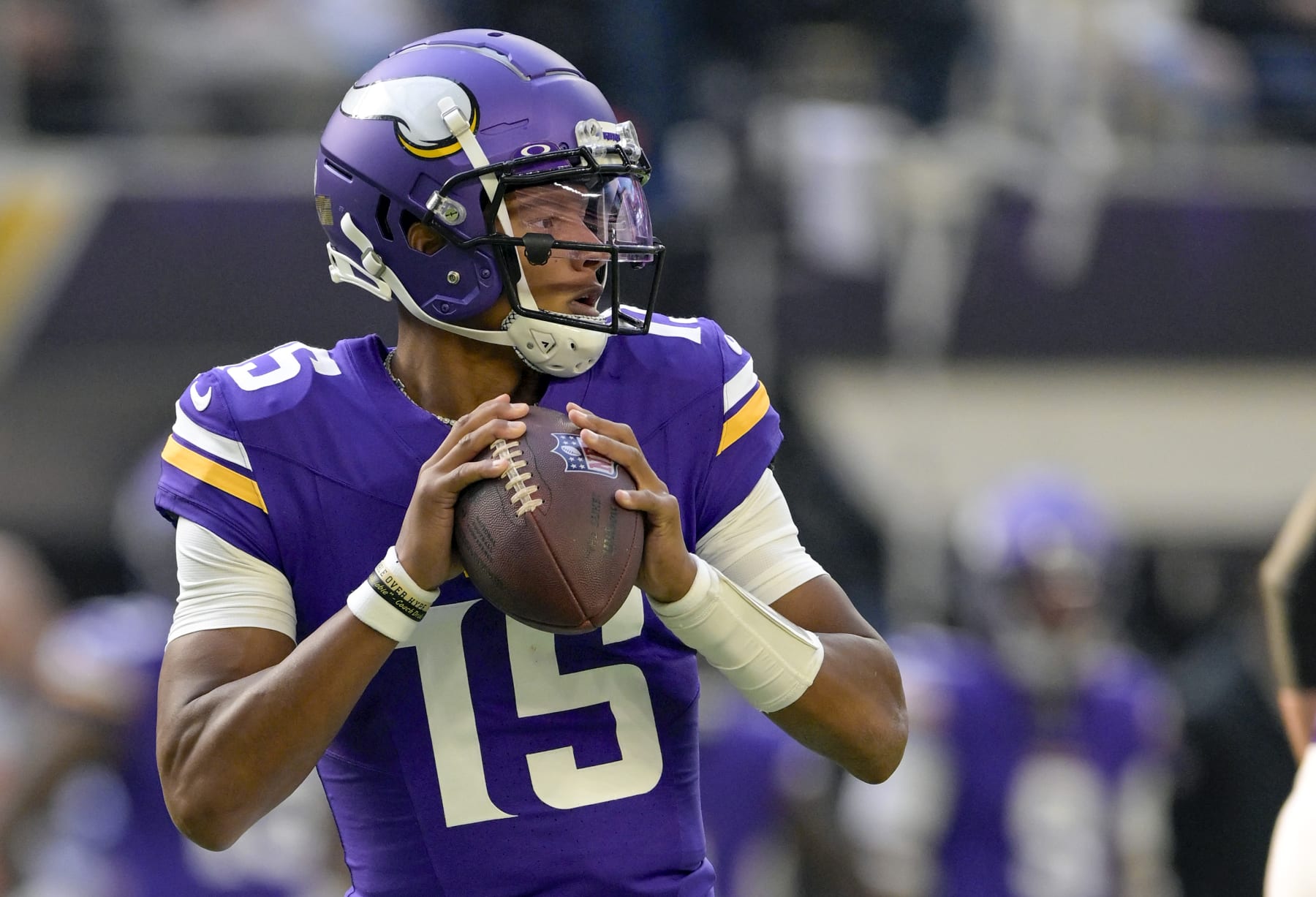 MINNEAPOLIS, MN - NOVEMBER 12: Minnesota Vikings quarterback Joshua Dobbs (15) looks to pass during an NFL game between the Minnesota Vikings and New Orleans Saints on November 12, 2023, at U.S. Bank Stadium in Minneapolis, MN. (Photo by Nick Wosika/Icon Sportswire via Getty Images)