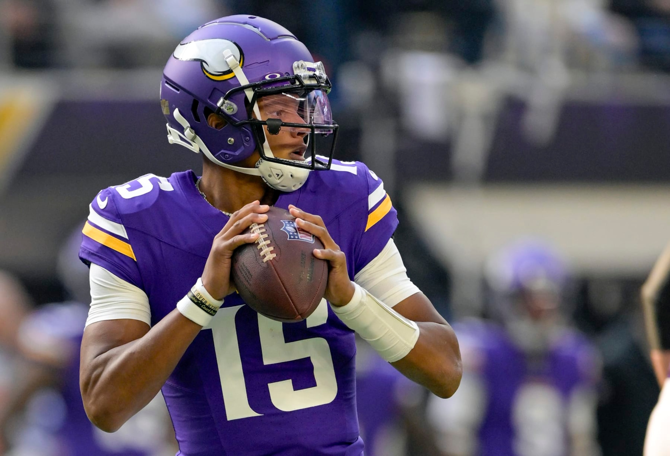 MINNEAPOLIS, MN - NOVEMBER 12: Minnesota Vikings quarterback Joshua Dobbs (15) looks to pass during an NFL game between the Minnesota Vikings and New Orleans Saints on November 12, 2023, at U.S. Bank Stadium in Minneapolis, MN. (Photo by Nick Wosika/Icon Sportswire via Getty Images)