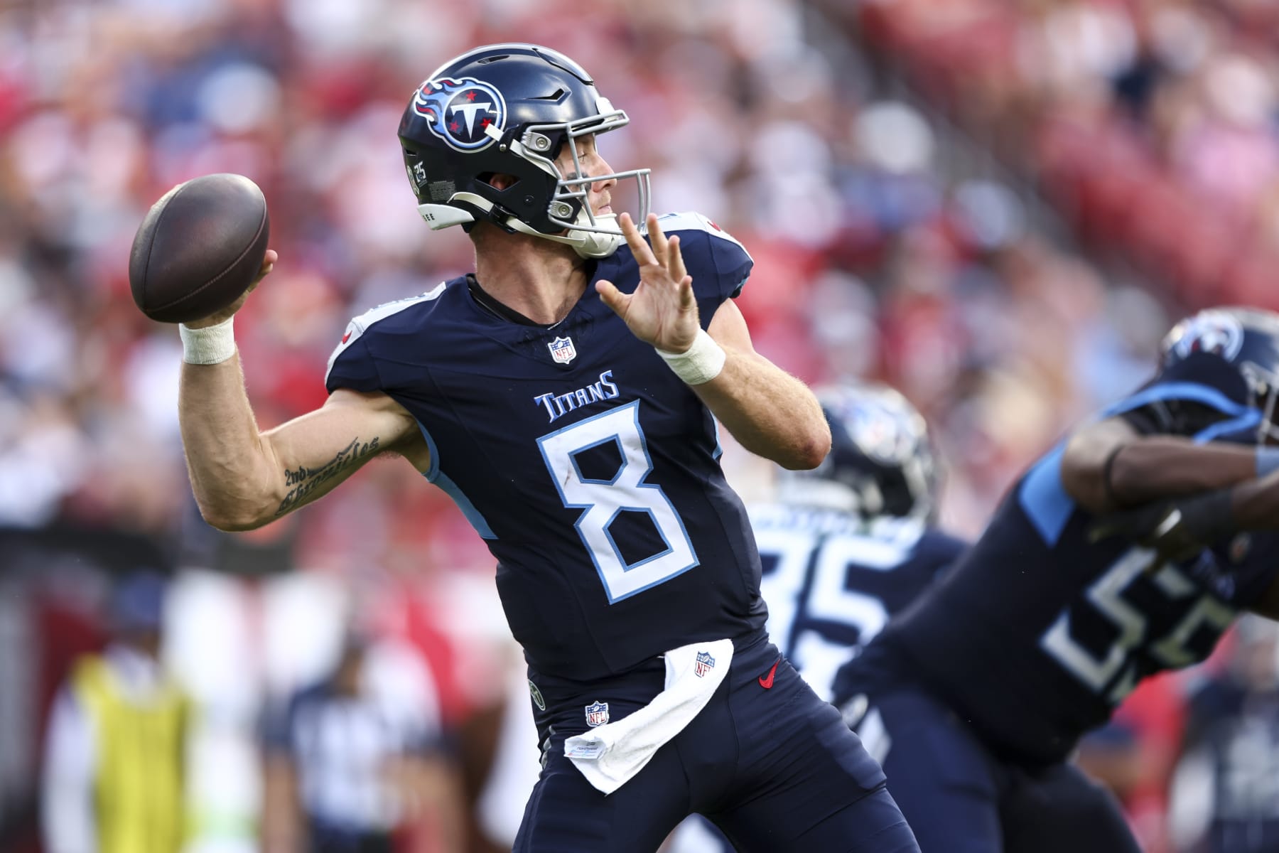 TAMPA, FL - NOVEMBER 12: Will Levis #8 of the Tennessee Titans throws a pass during the third quarter of an NFL football game against the Tampa Bay Buccaneers at Raymond James Stadium on November 12, 2023 in Tampa, Florida. (Photo by Kevin Sabitus/Getty Images)
