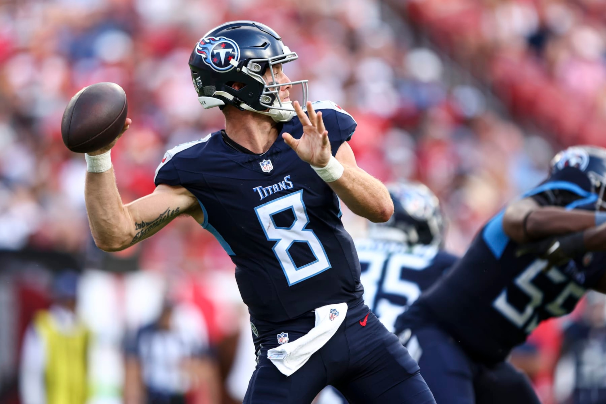 TAMPA, FL - NOVEMBER 12: Will Levis #8 of the Tennessee Titans throws a pass during the third quarter of an NFL football game against the Tampa Bay Buccaneers at Raymond James Stadium on November 12, 2023 in Tampa, Florida. (Photo by Kevin Sabitus/Getty Images)