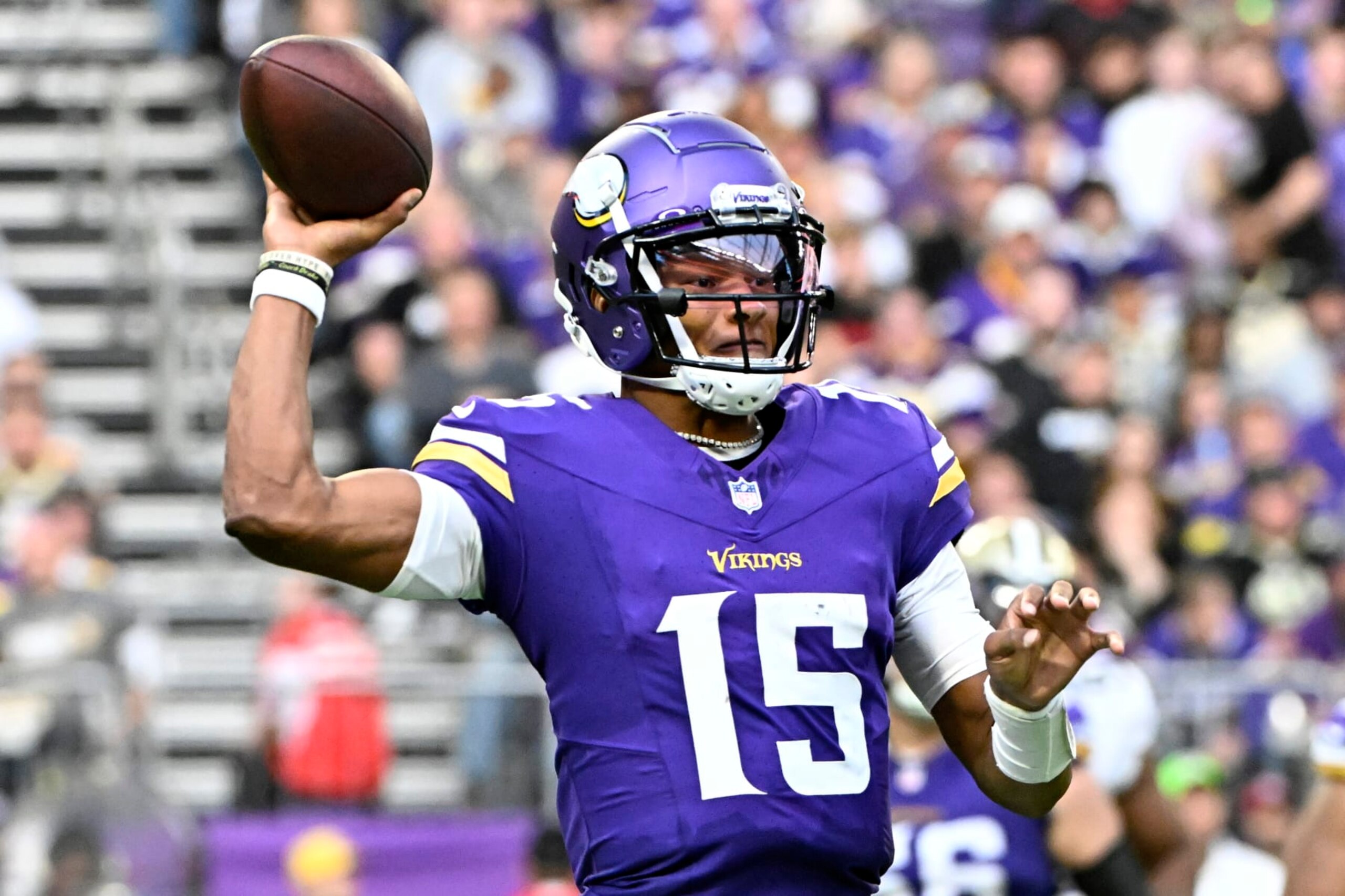 MINNEAPOLIS, MINNESOTA - NOVEMBER 12: Joshua Dobbs #15 of the Minnesota Vikings throws a pass against the New Orleans Saints during the fourth quarter at U.S. Bank Stadium on November 12, 2023 in Minneapolis, Minnesota. (Photo by Stephen Maturen/Getty Images)