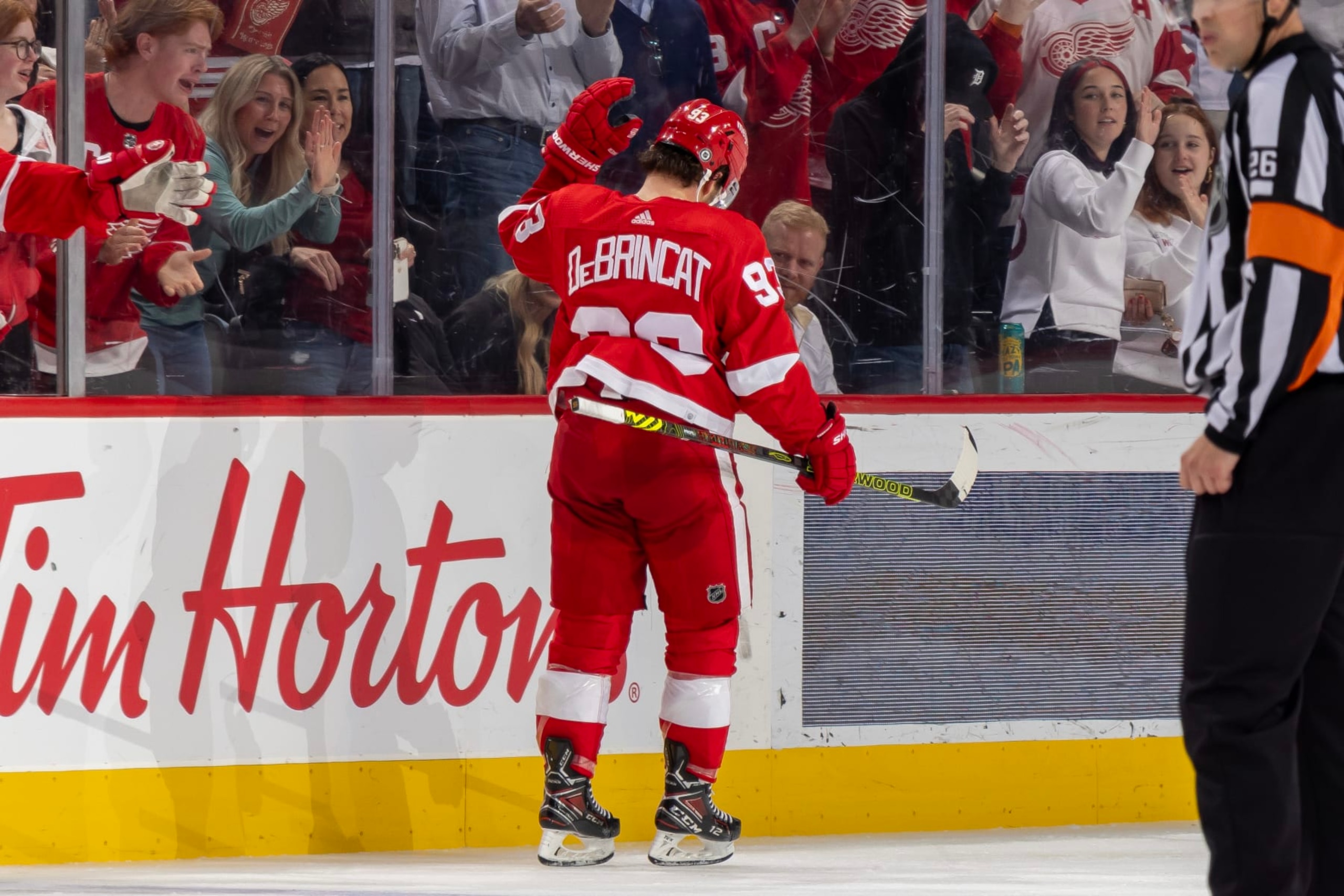 DETROIT, MI - OCTOBER 24: Alex DeBrincat #93 of the Detroit Red Wings celebrates after scoring goal against the Seattle Kraken during the third period at Little Caesars Arena on October 24, 2023 in Detroit, Michigan. (Photo by Dave Reginek/NHLI via Getty Images) DETROIT, MI - OCTOBER 24: Alex DeBrincat #93 of the Detroit Red Wings celebrates after scoring goal against the Seattle Kraken during the third period at Little Caesars Arena on October 24, 2023 in Detroit, Michigan. (Photo by Dave Reginek/NHLI via Getty Images)