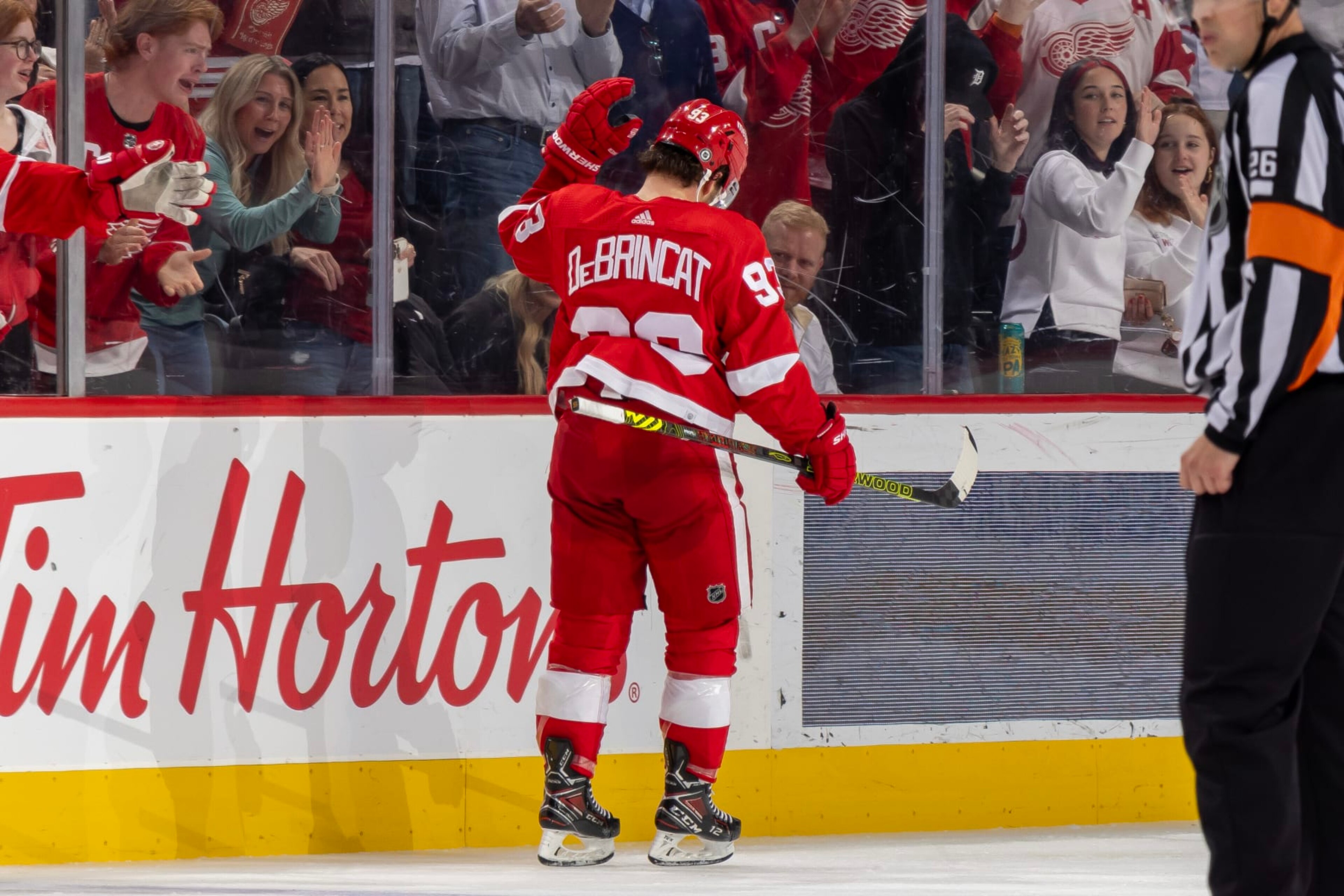 DETROIT, MI - OCTOBER 24: Alex DeBrincat #93 of the Detroit Red Wings celebrates after scoring goal against the Seattle Kraken during the third period at Little Caesars Arena on October 24, 2023 in Detroit, Michigan. (Photo by Dave Reginek/NHLI via Getty Images) DETROIT, MI - OCTOBER 24: Alex DeBrincat #93 of the Detroit Red Wings celebrates after scoring goal against the Seattle Kraken during the third period at Little Caesars Arena on October 24, 2023 in Detroit, Michigan. (Photo by Dave Reginek/NHLI via Getty Images)