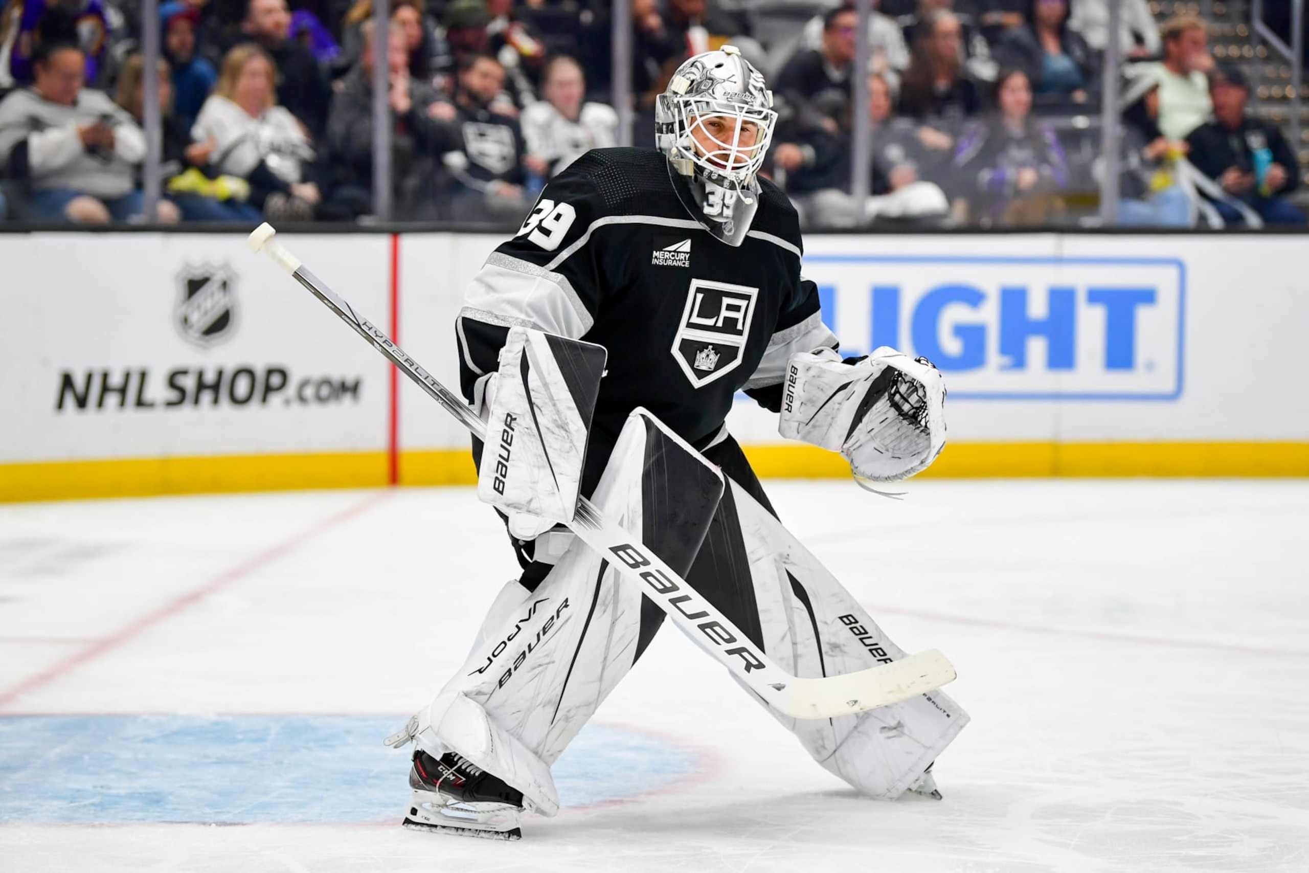 LOS ANGELES, CA - NOVEMBER 11: Cam Talbot #39 of the Los Angeles Kings protects the goal during the second period against the Philadelphia Flyers at Crypto.com Arena on November 11, 2023 in Los Angeles, California. (Photo by Gary A. Vasquez/NHLI via Getty Images) LOS ANGELES, CA - NOVEMBER 11: Cam Talbot #39 of the Los Angeles Kings protects the goal during the second period against the Philadelphia Flyers at Crypto.com Arena on November 11, 2023 in Los Angeles, California. (Photo by Gary A. Vasquez/NHLI via Getty Images)