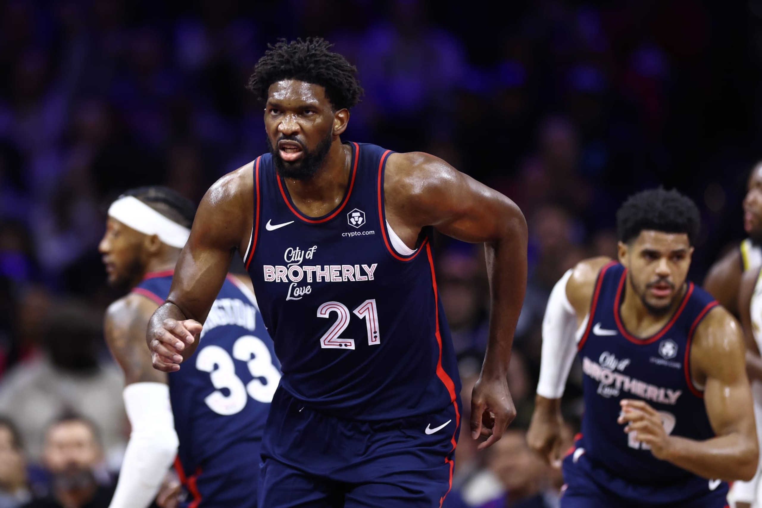 Robert Covington, Joel Embiid and Tobias Harris