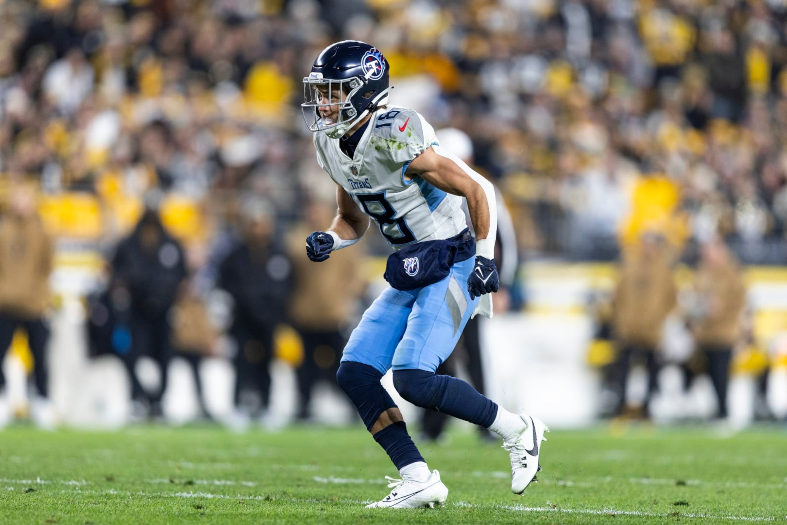 PITTSBURGH, PENNSYLVANIA - NOVEMBER 02: Kyle Philips #18 of the Tennessee Titans runs a route during an NFL football game between the Pittsburgh Steelers and the Tennessee Titans at Acrisure Stadium on November 02, 2023 in Pittsburgh, Pennsylvania. (Photo by Michael Owens/Getty Images)